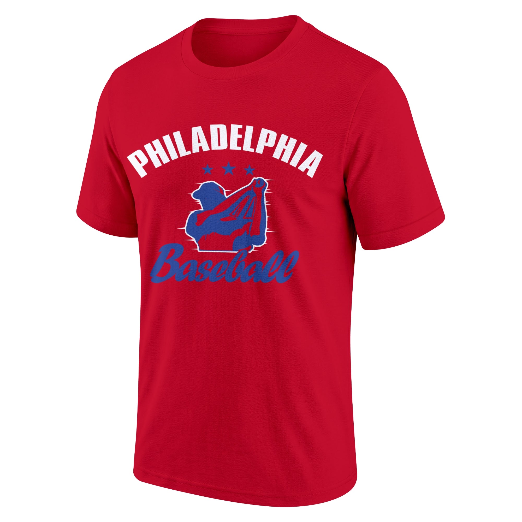 Philadelphia Red adult baseball T shirt front view with city lettering baseball player graphic and Baseball script
