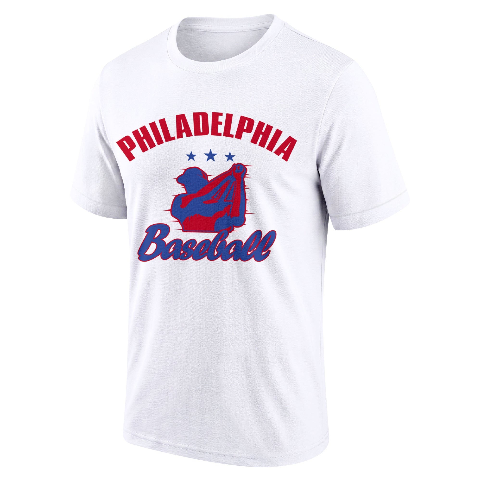 Philadelphia White adult baseball T shirt front view with city lettering baseball player graphic and Baseball script