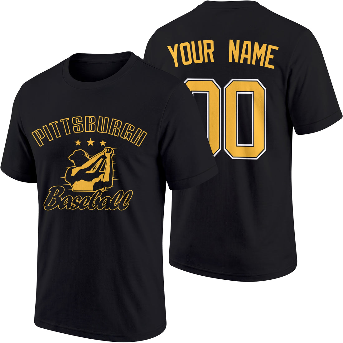 Pittsburgh personalized adult baseball T shirt in Black showing front and back with custom name and number