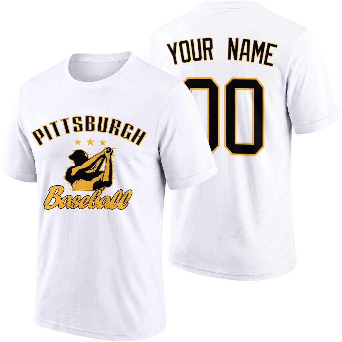Pittsburgh personalized adult baseball T shirt in Black showing front and back with custom name and number