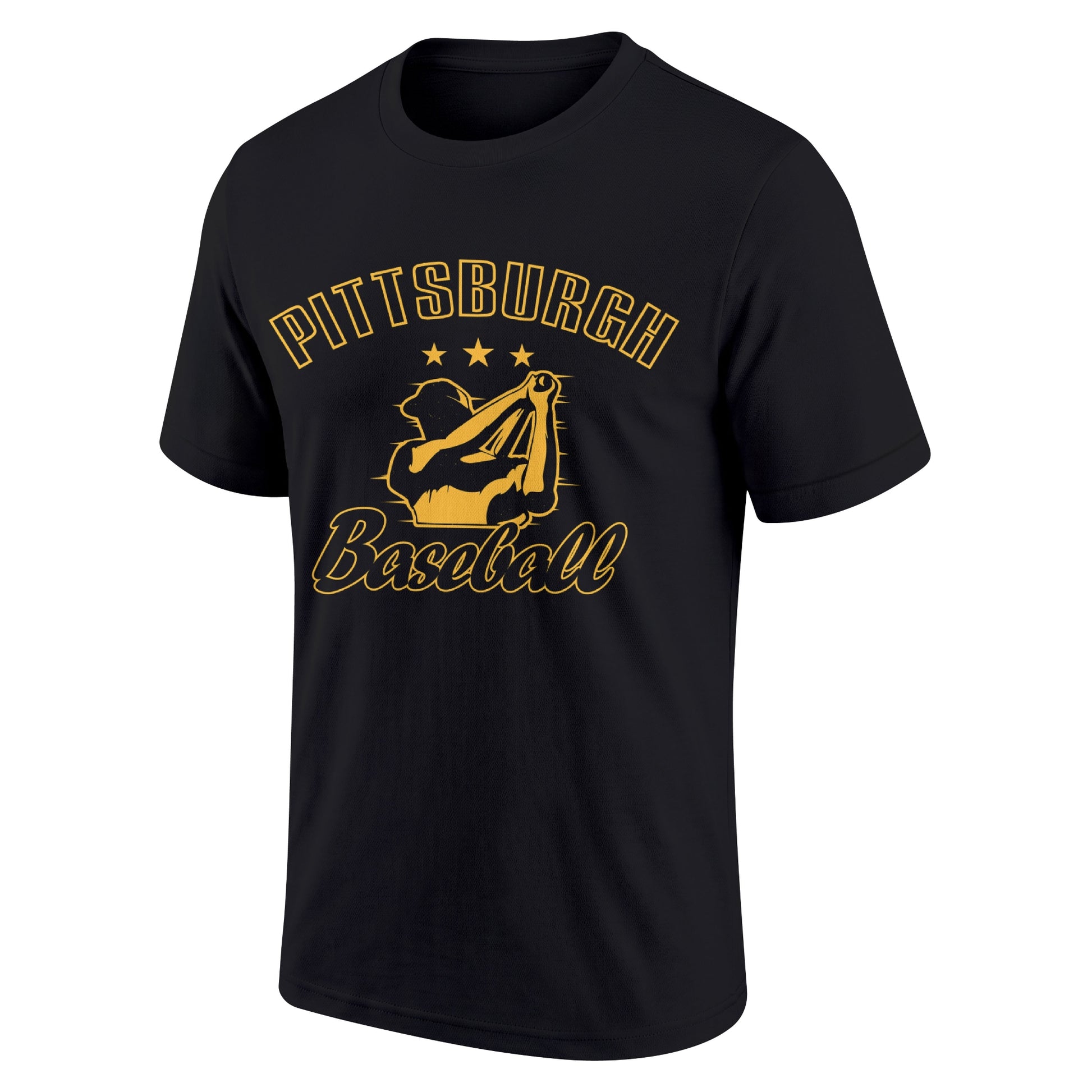 Pittsburgh Black adult baseball T shirt front view with city lettering baseball player graphic and Baseball script