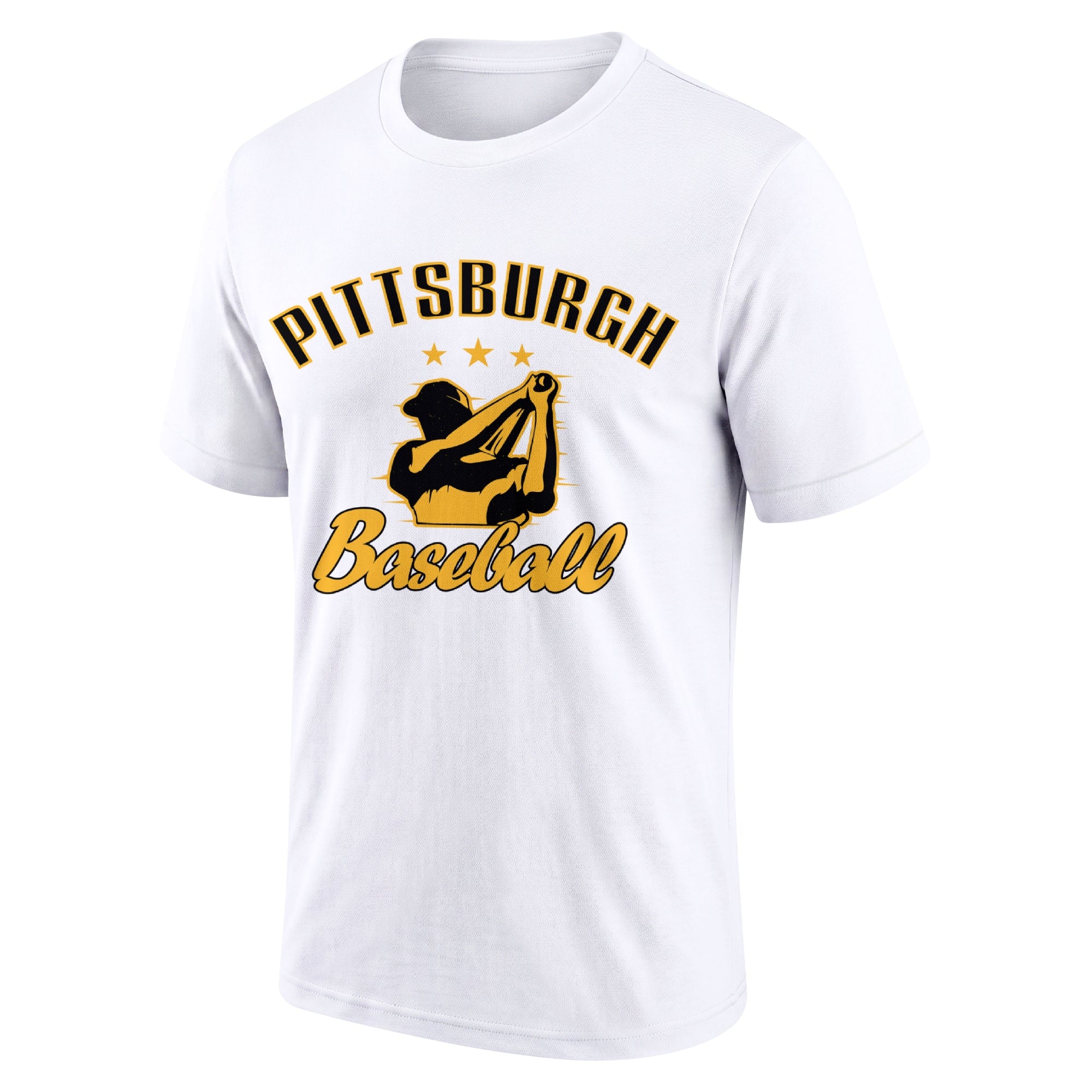 Pittsburgh White adult baseball T shirt front view with city lettering baseball player graphic and Baseball script