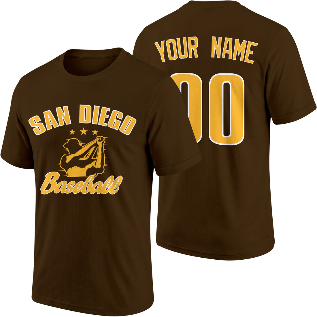 San Diego personalized adult baseball T shirt in Brown showing front and back with custom name and number