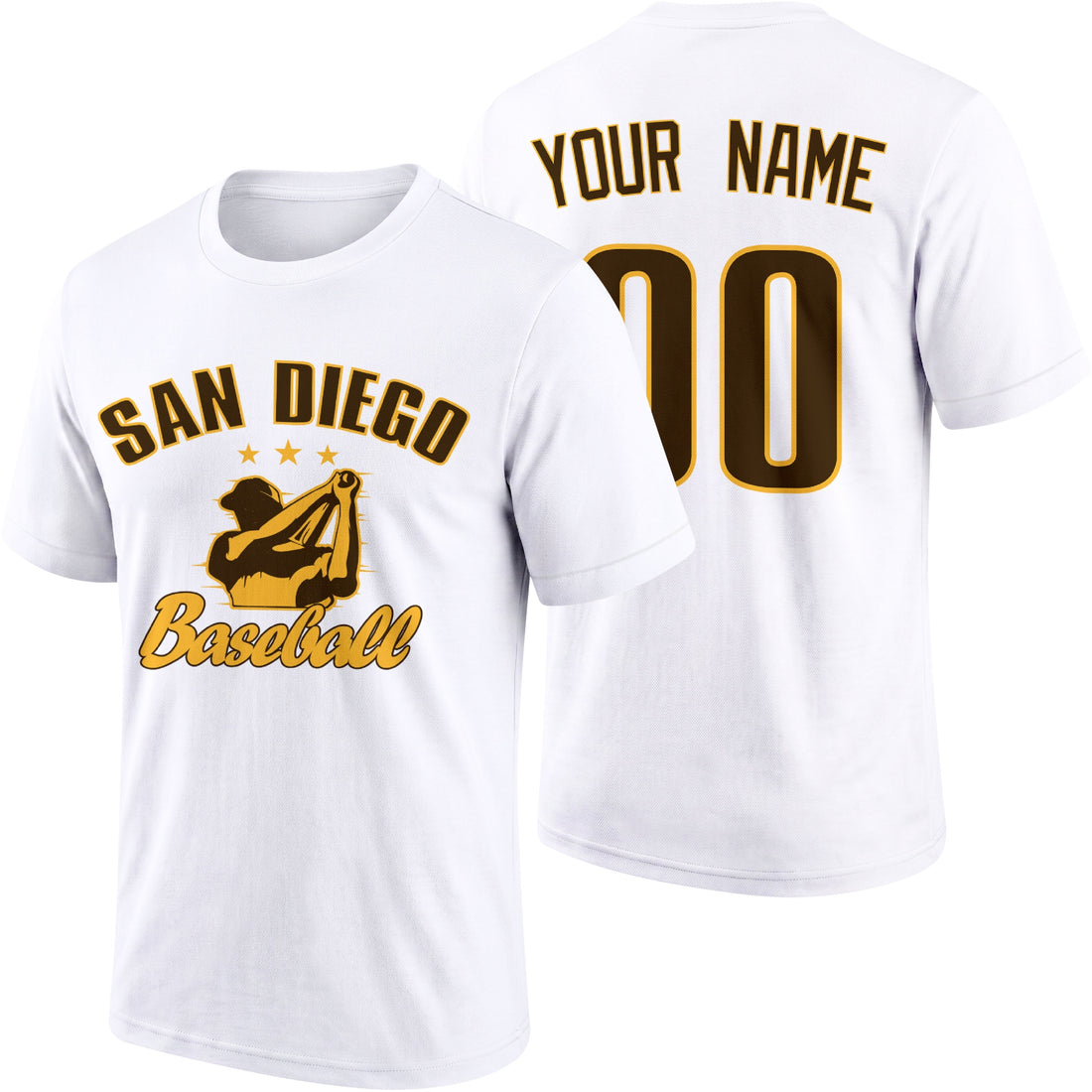 San Diego personalized adult baseball T shirt in Brown showing front and back with custom name and number