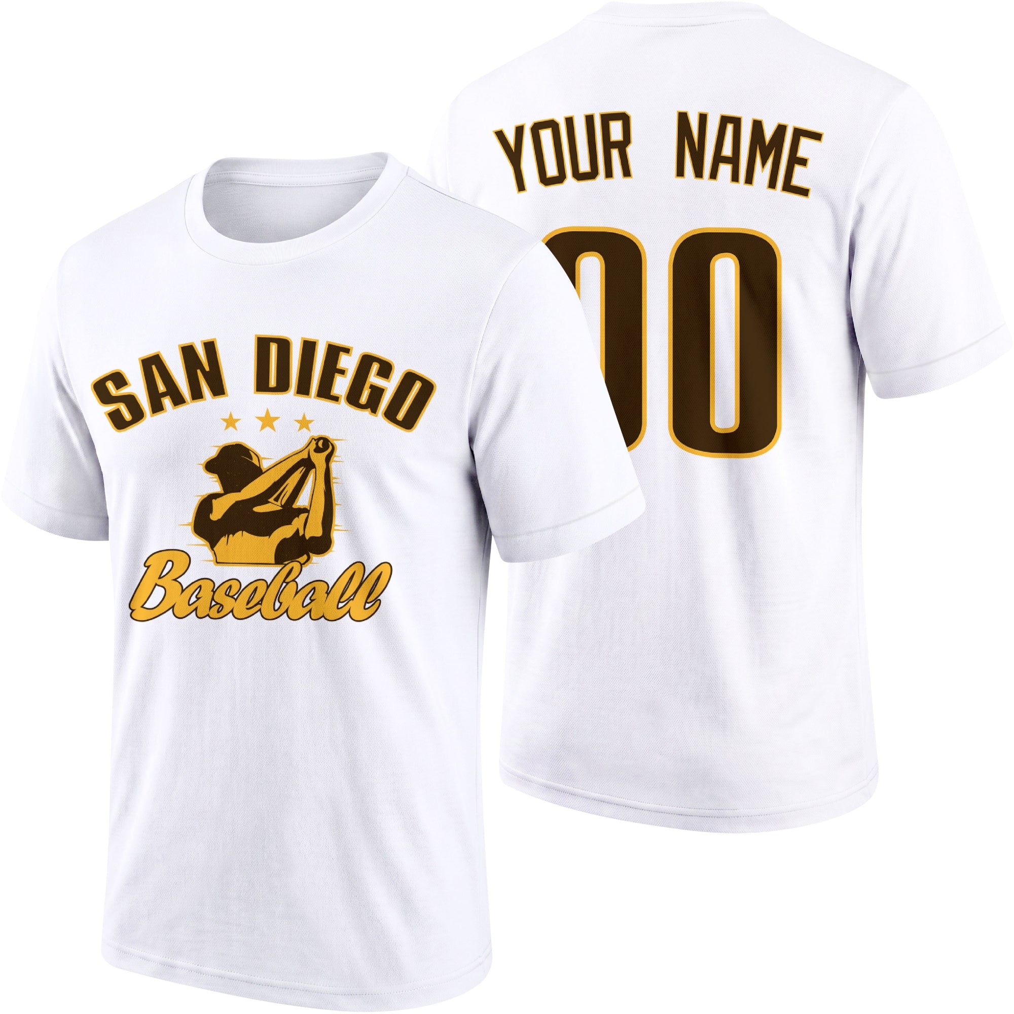 San Diego personalized adult baseball T shirt in White showing front and back with custom name and number