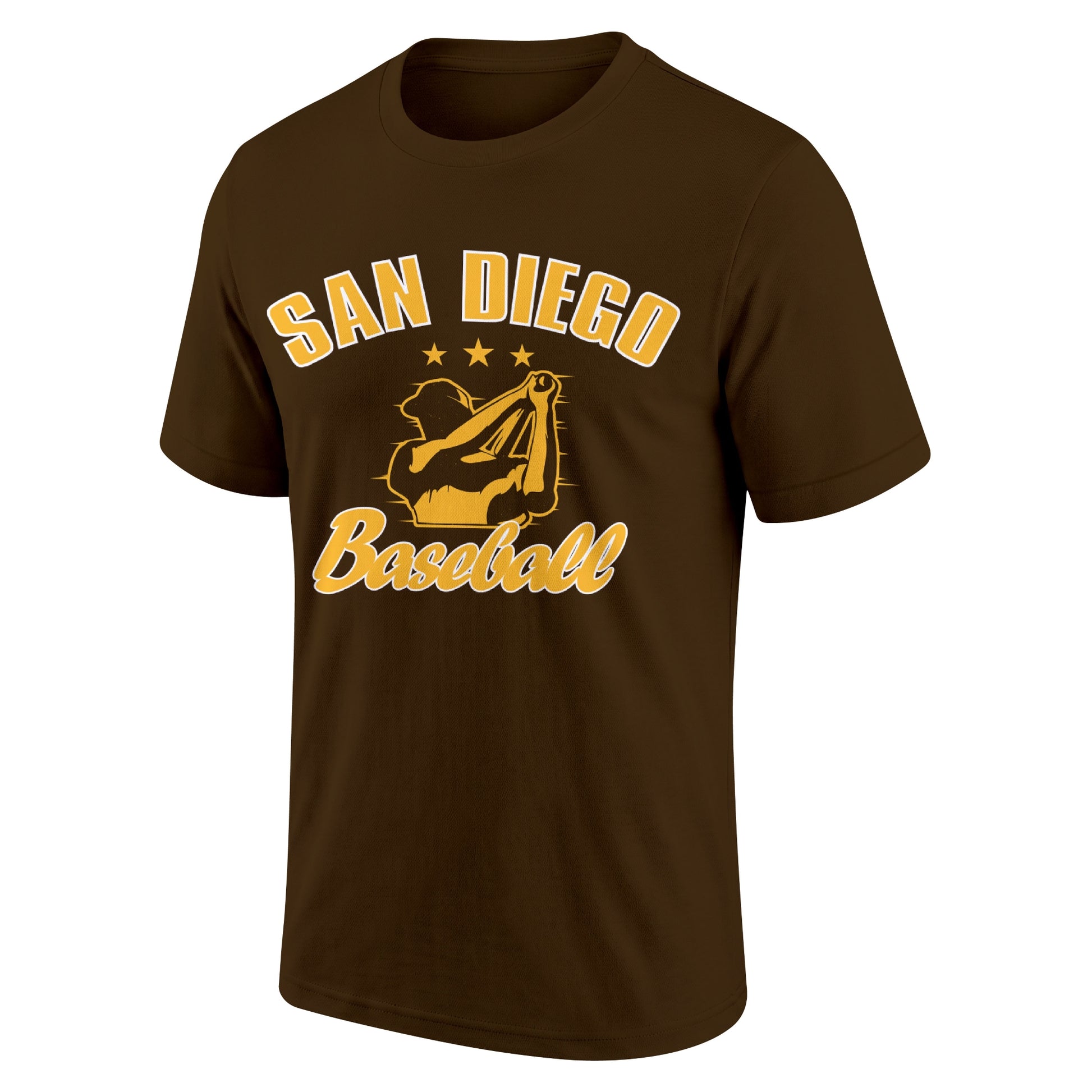 San Diego Brown adult baseball T shirt front view with city lettering baseball player graphic and Baseball script