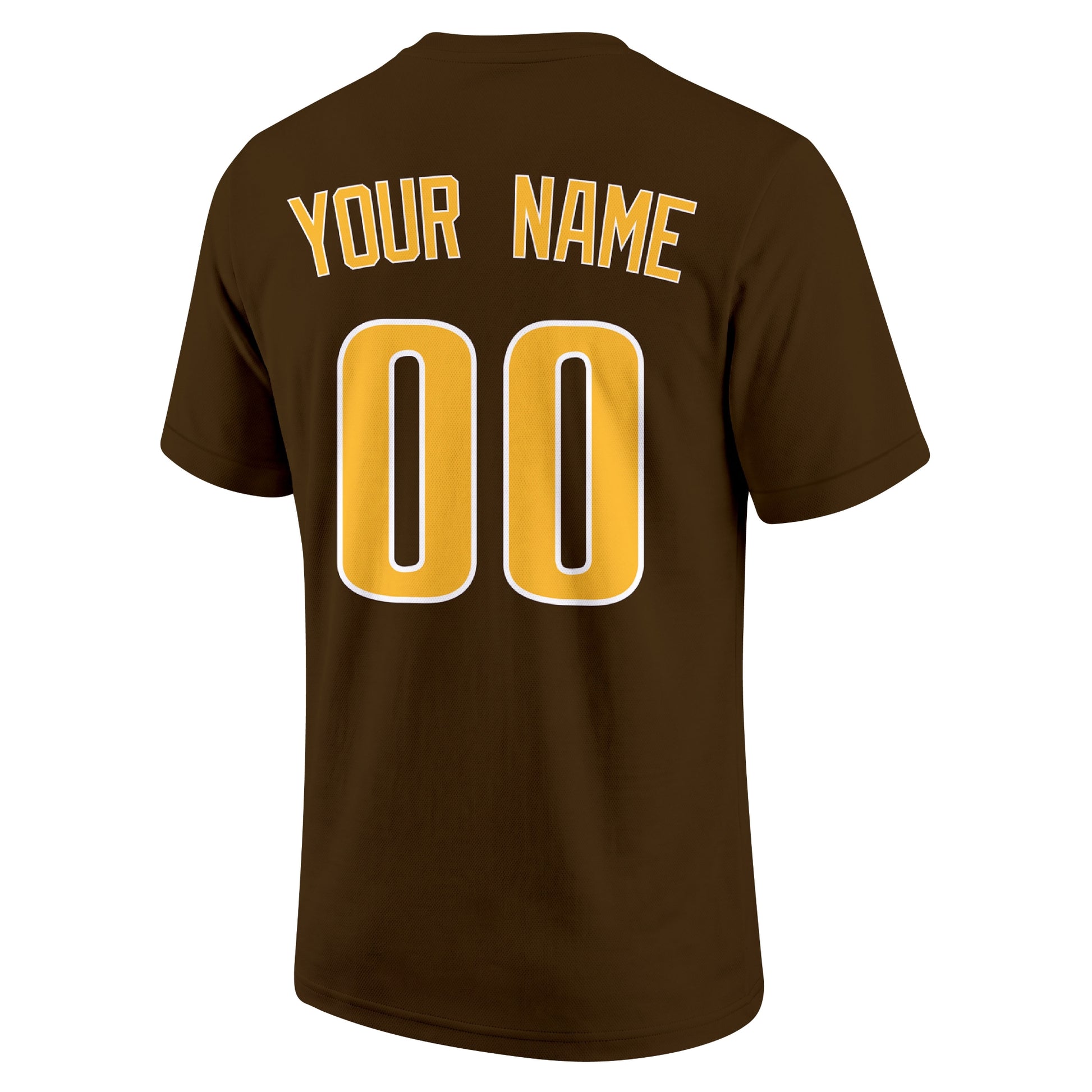 San Diego Brown adult baseball T shirt back view with customizable name and large jersey number