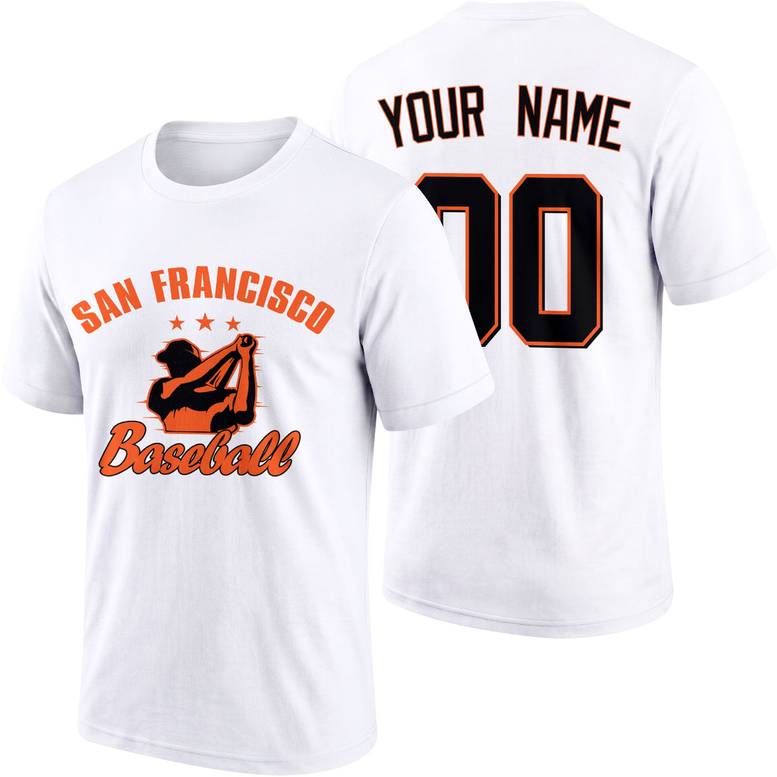 San Francisco personalized adult baseball T shirt in Black showing front and back with custom name and number