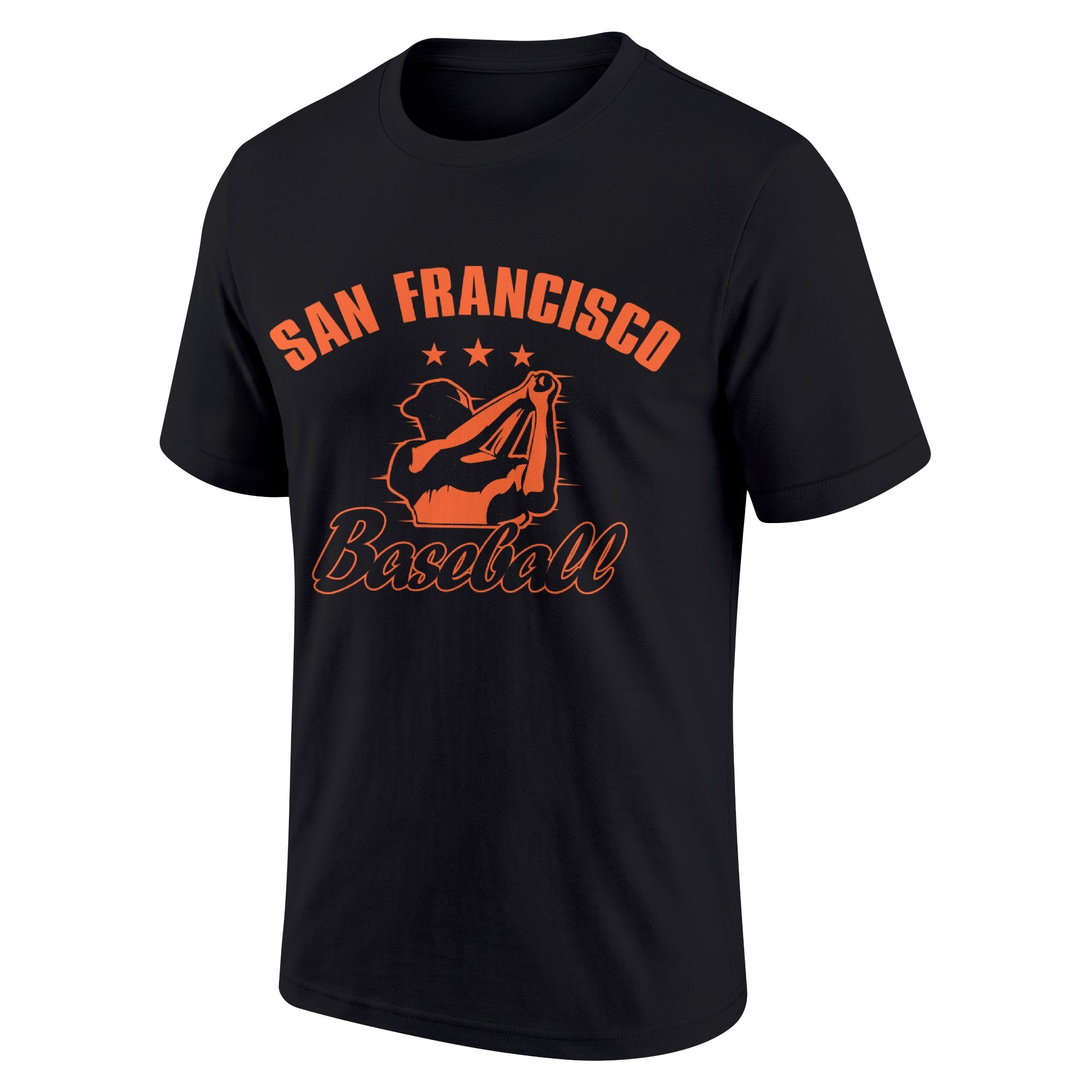 San Francisco Black adult baseball T shirt front view with city lettering baseball player graphic and Baseball script