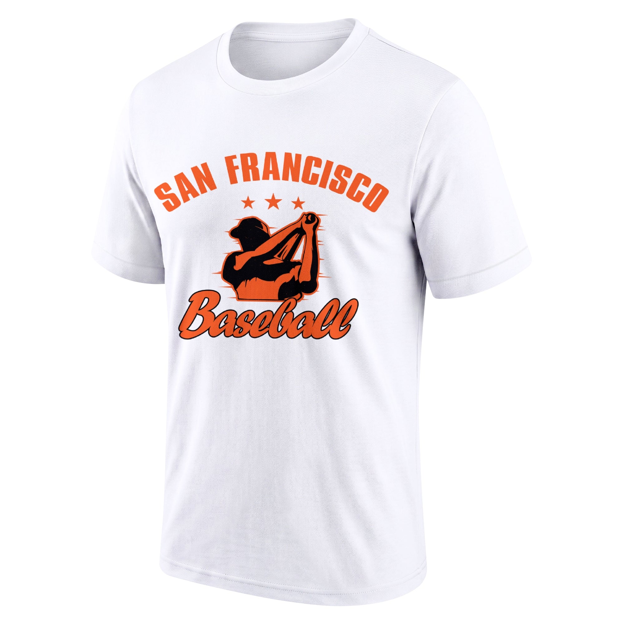San Francisco Cream adult baseball T shirt front view with city lettering baseball player graphic and Baseball script