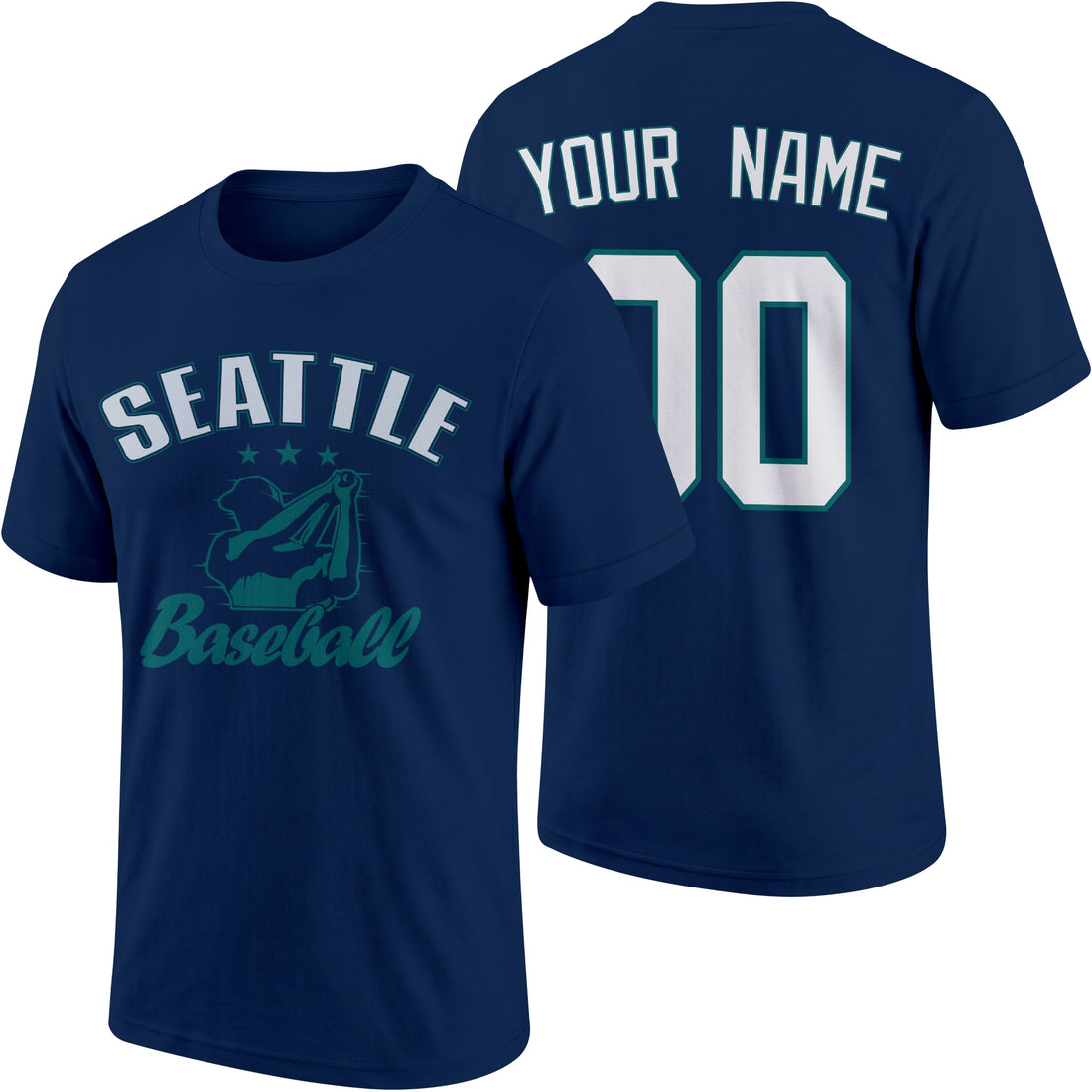 Seattle personalized adult baseball T shirt in Navy showing front and back with custom name and number