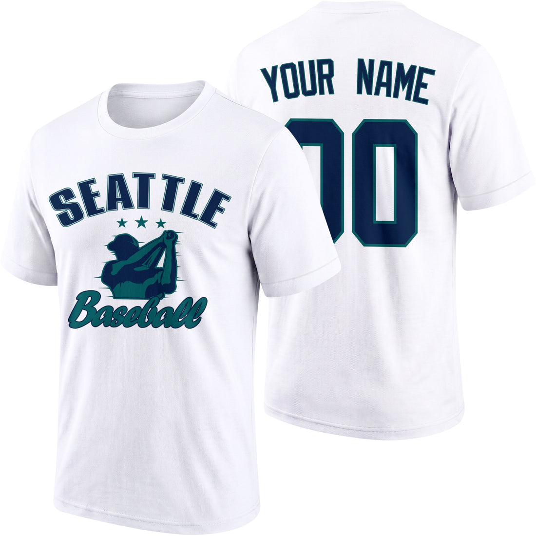Seattle personalized adult baseball T shirt in Navy showing front and back with custom name and number