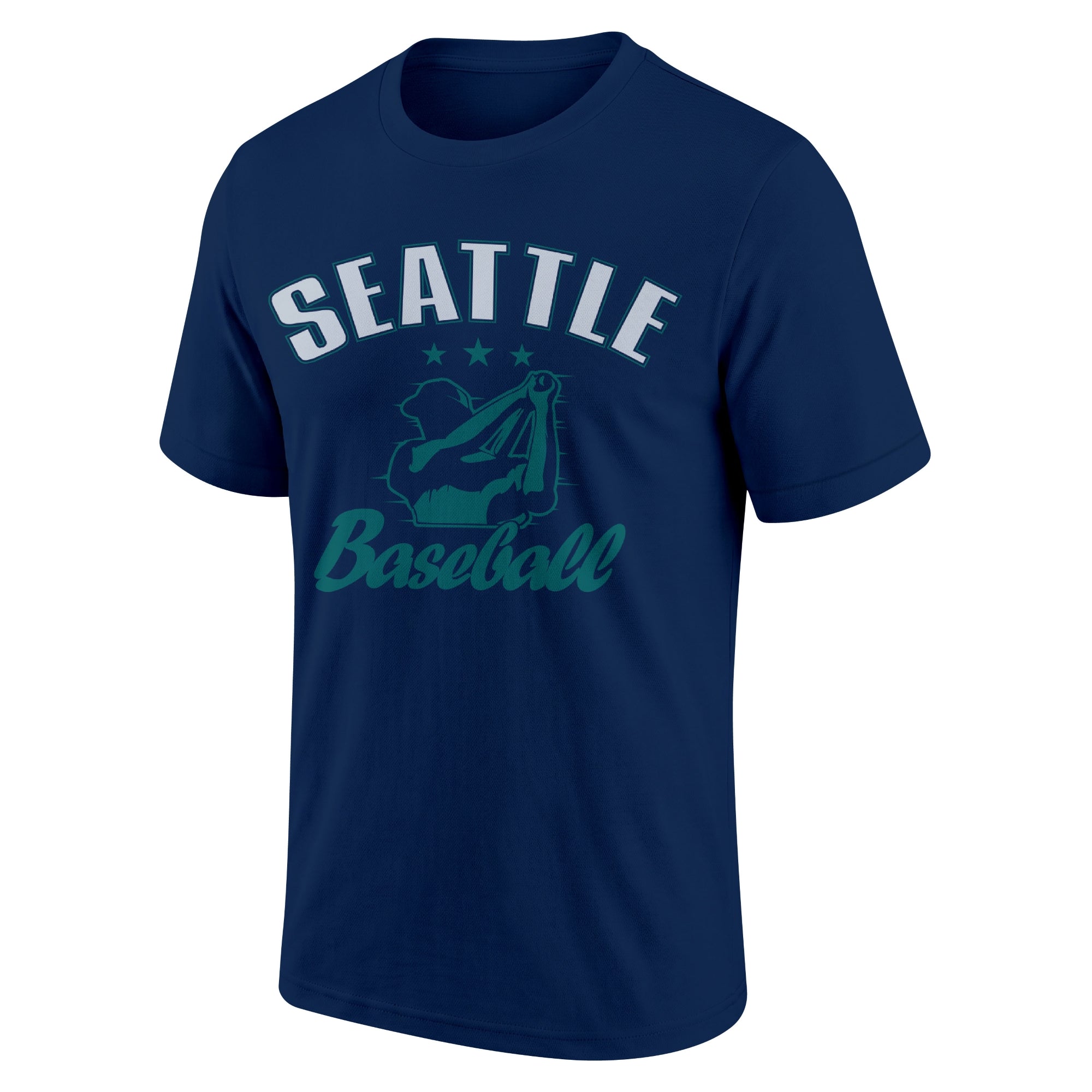 Seattle Navy adult baseball T shirt front view with city lettering baseball player graphic and Baseball script