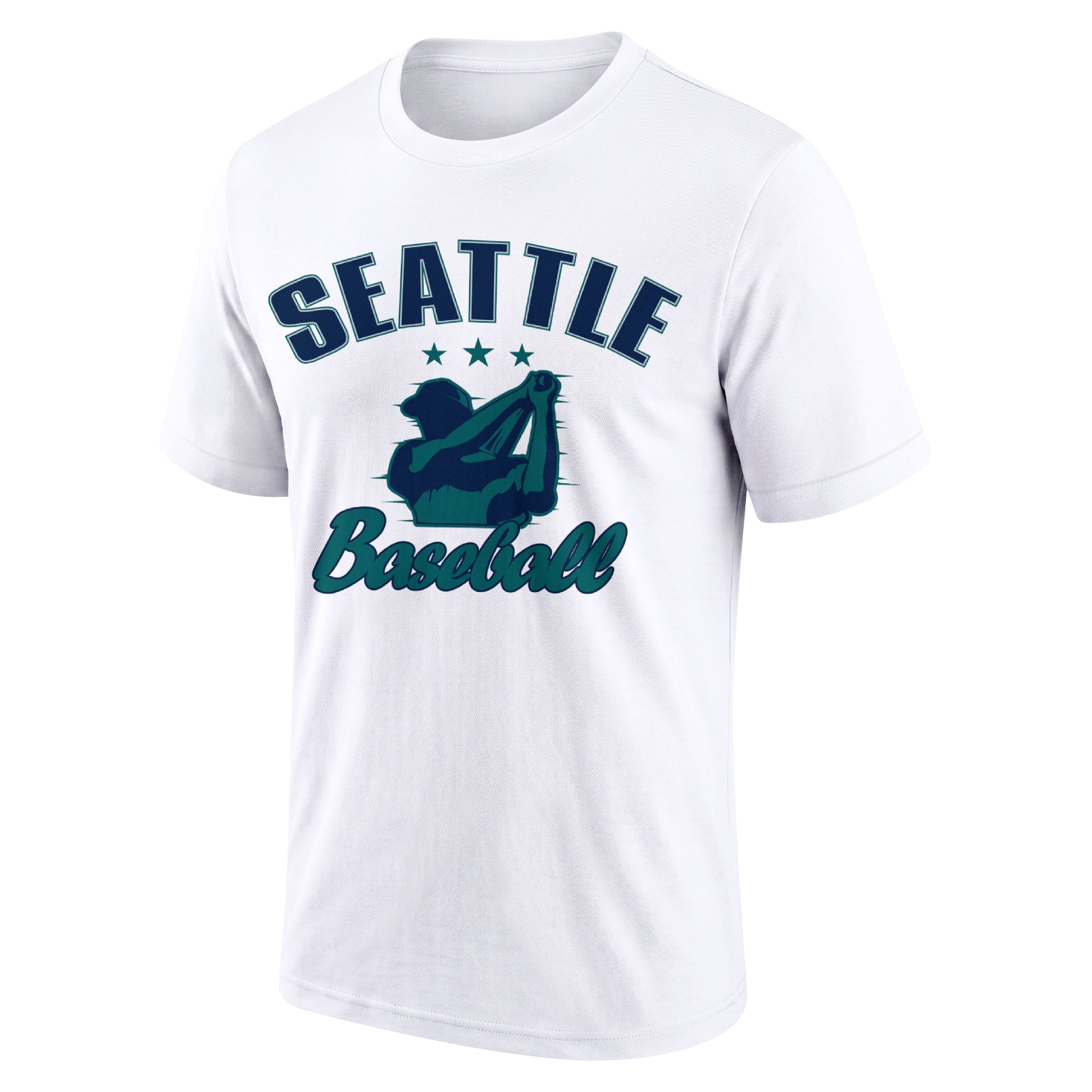Seattle White adult baseball T shirt front view with city lettering baseball player graphic and Baseball script