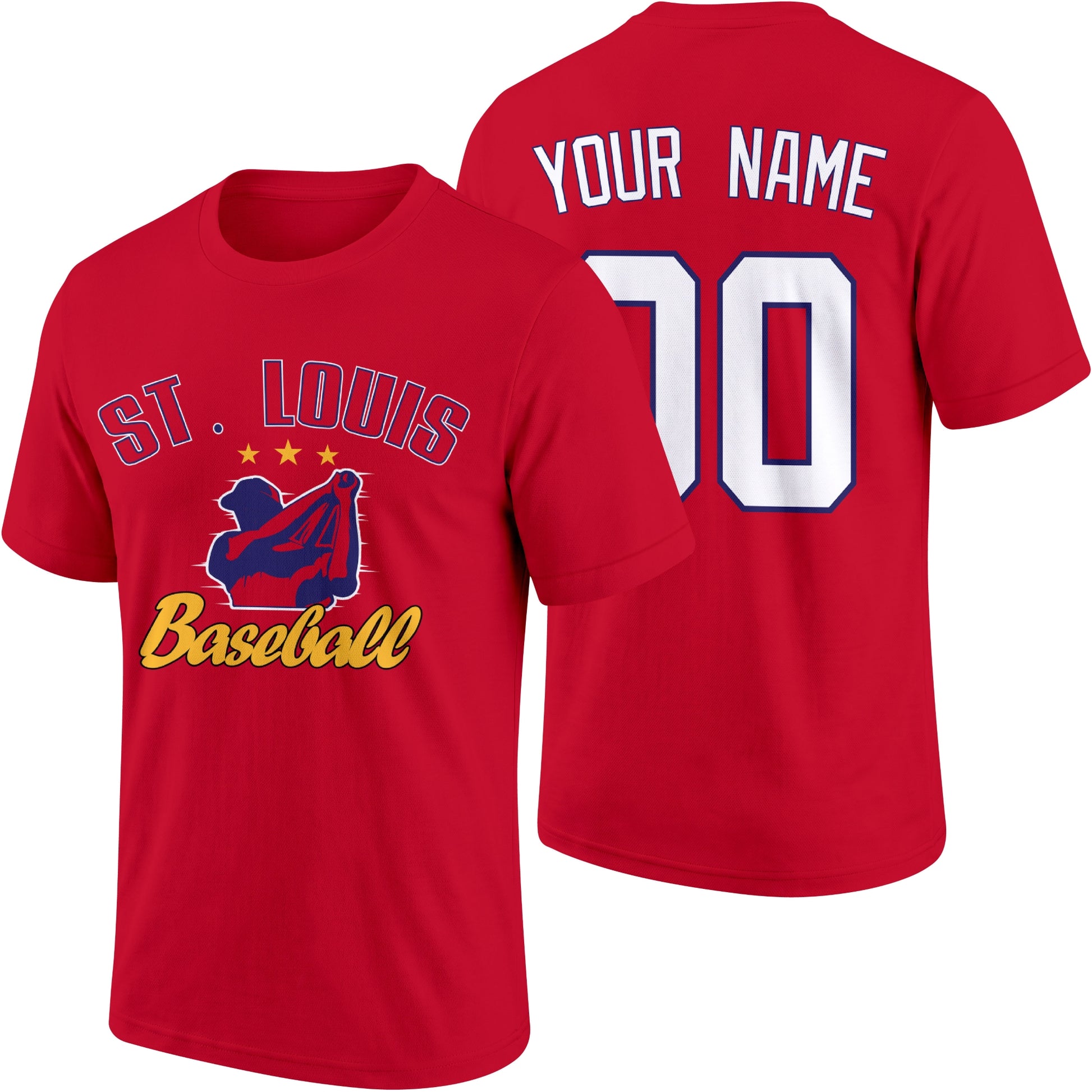St. Louis personalized adult baseball T shirt in Red showing front and back with custom name and number