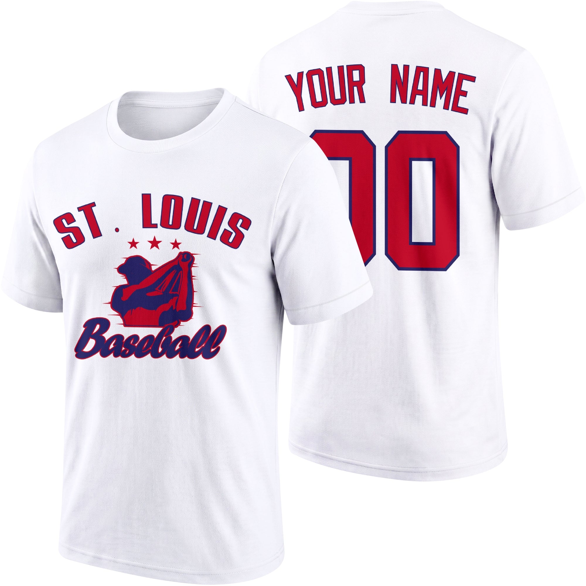 St. Louis personalized adult baseball T shirt in White showing front and back with custom name and number