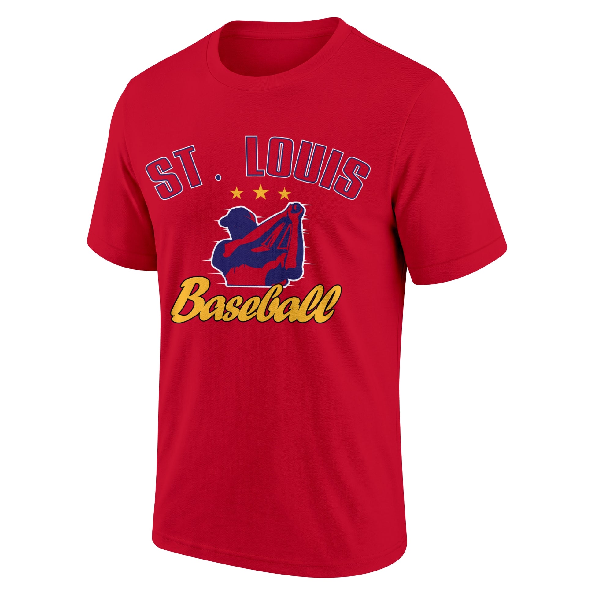 St. Louis Red adult baseball T shirt front view with city lettering baseball player graphic and Baseball script