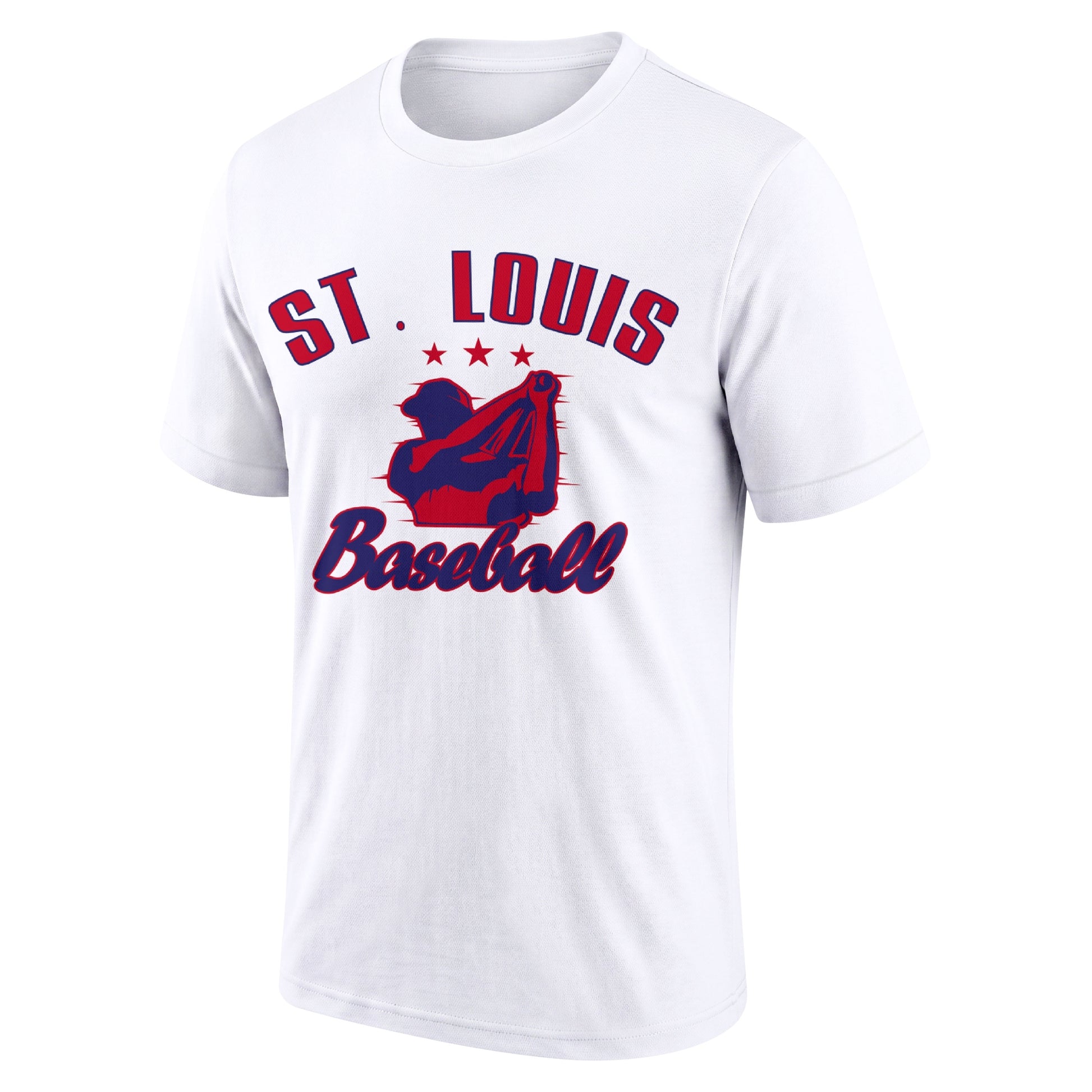 St. Louis White adult baseball T shirt front view with city lettering baseball player graphic and Baseball script