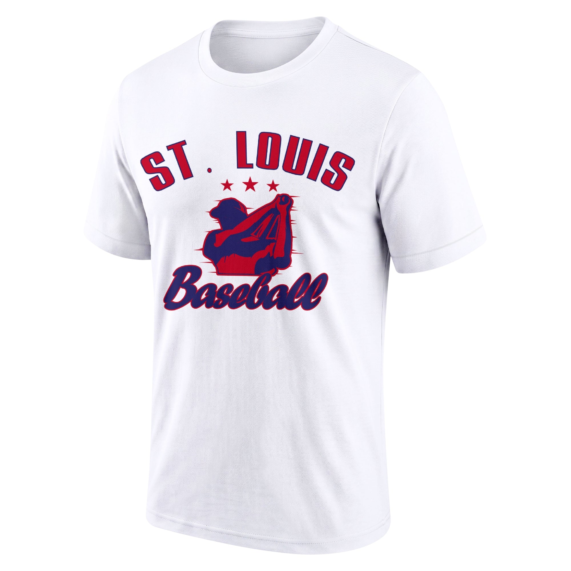 St. Louis White adult baseball T shirt front view with city lettering baseball player graphic and Baseball script