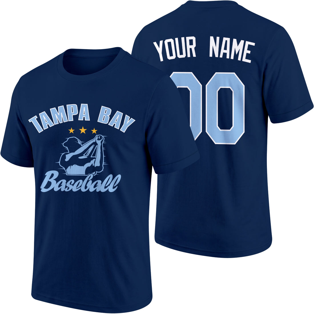 Tampa Bay personalized adult baseball T shirt in Navy showing front and back with custom name and number