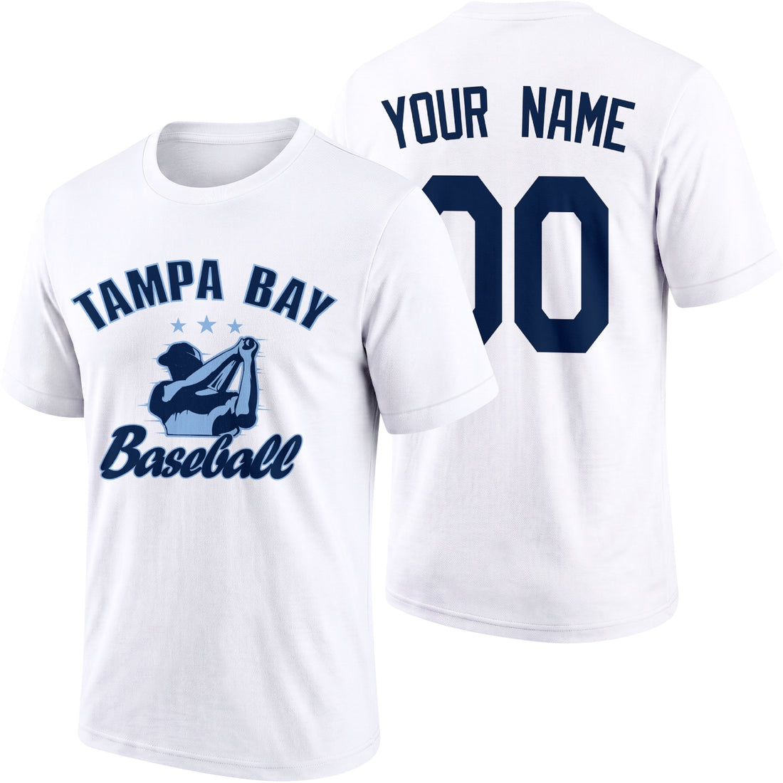 Tampa Bay personalized adult baseball T shirt in Navy showing front and back with custom name and number
