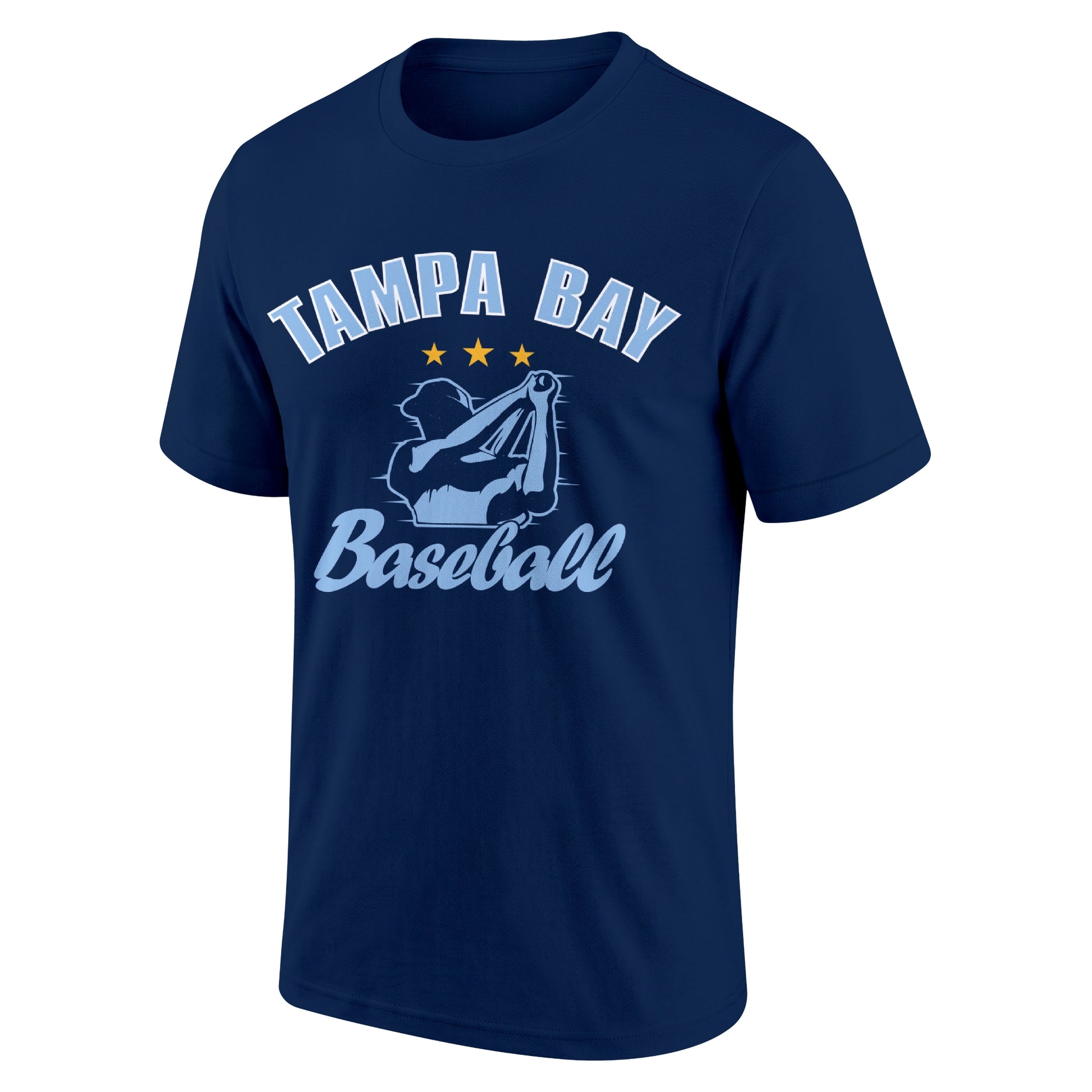 Tampa Bay Navy adult baseball T shirt front view with city lettering baseball player graphic and Baseball script