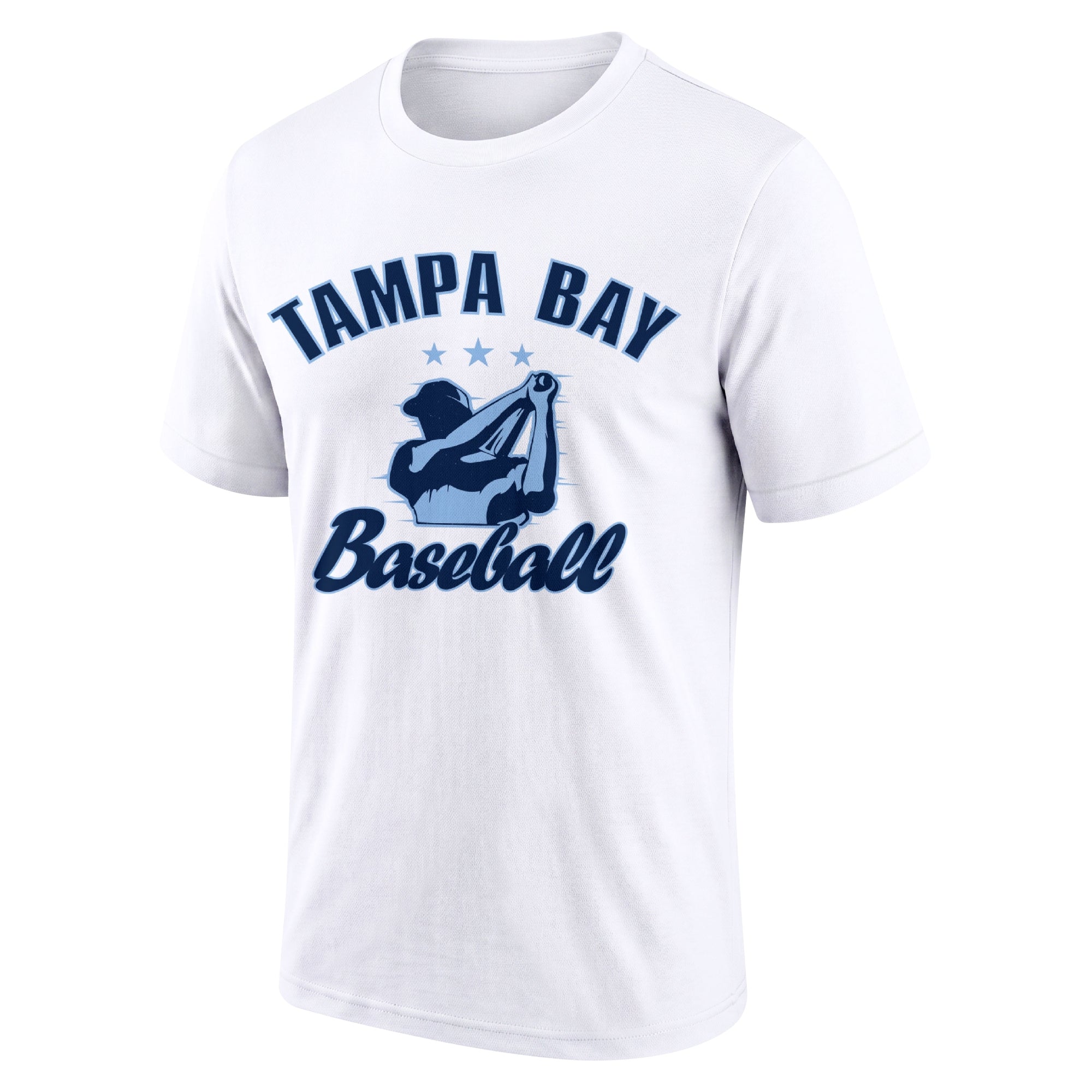 Tampa Bay White adult baseball T shirt front view with city lettering baseball player graphic and Baseball script