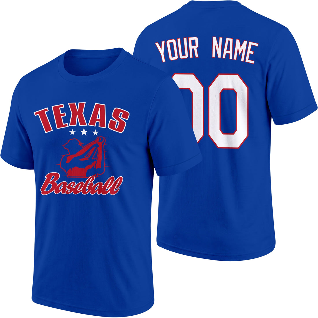 Texas personalized adult baseball T shirt in Royal showing front and back with custom name and number