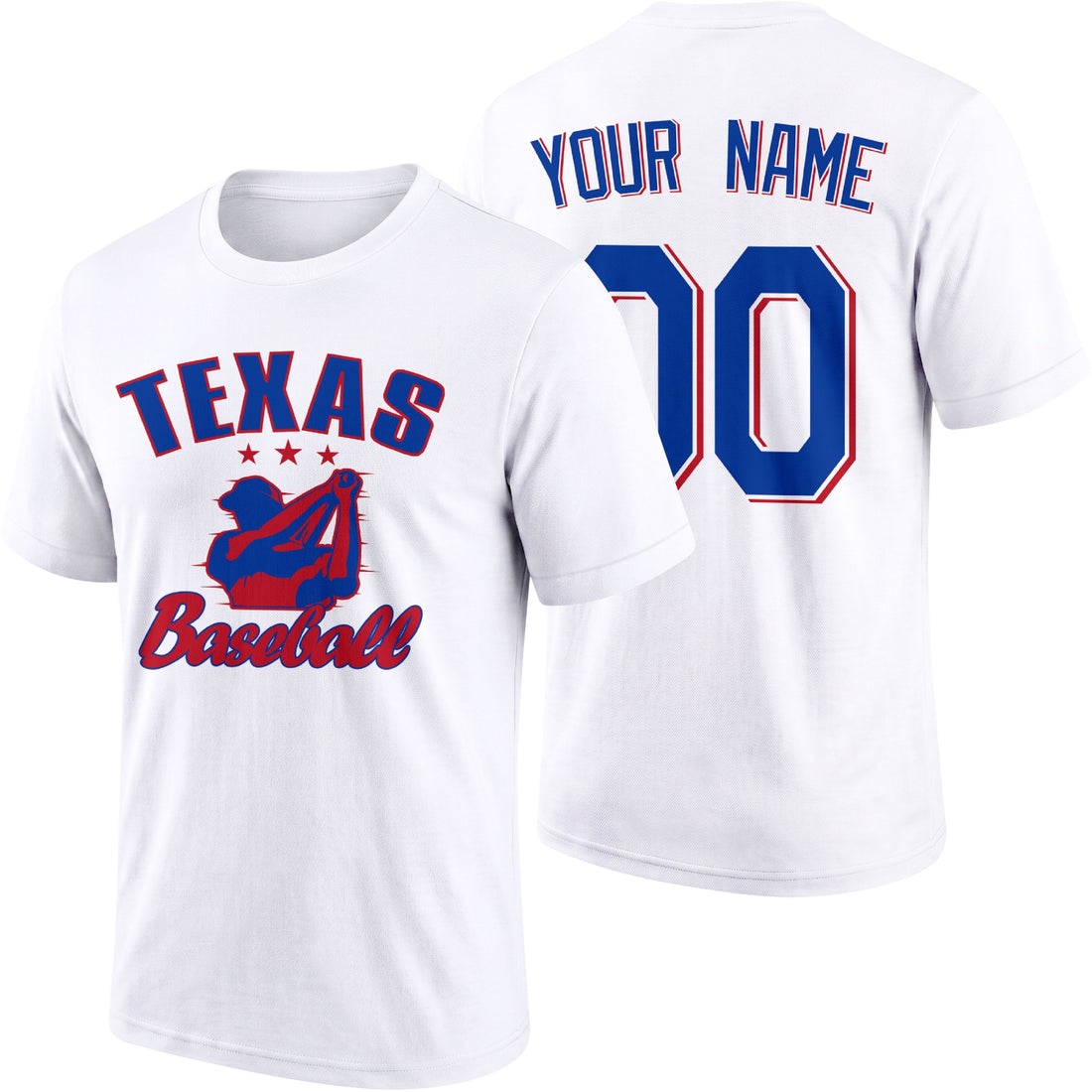 Texas personalized adult baseball T shirt in Royal showing front and back with custom name and number