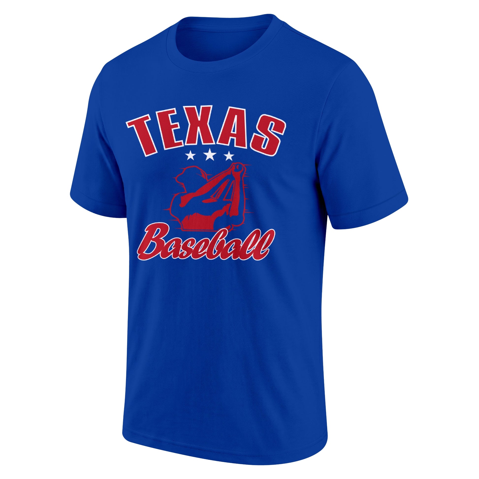 Texas Royal adult baseball T shirt front view with city lettering baseball player graphic and Baseball script