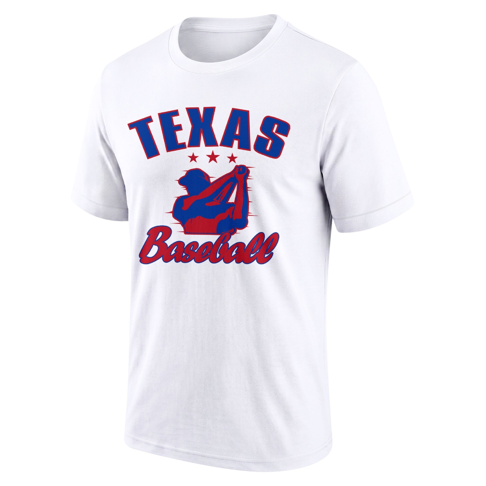 Texas White adult baseball T shirt front view with city lettering baseball player graphic and Baseball script