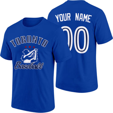 Toronto personalized adult baseball T shirt in Royal showing front and back with custom name and number