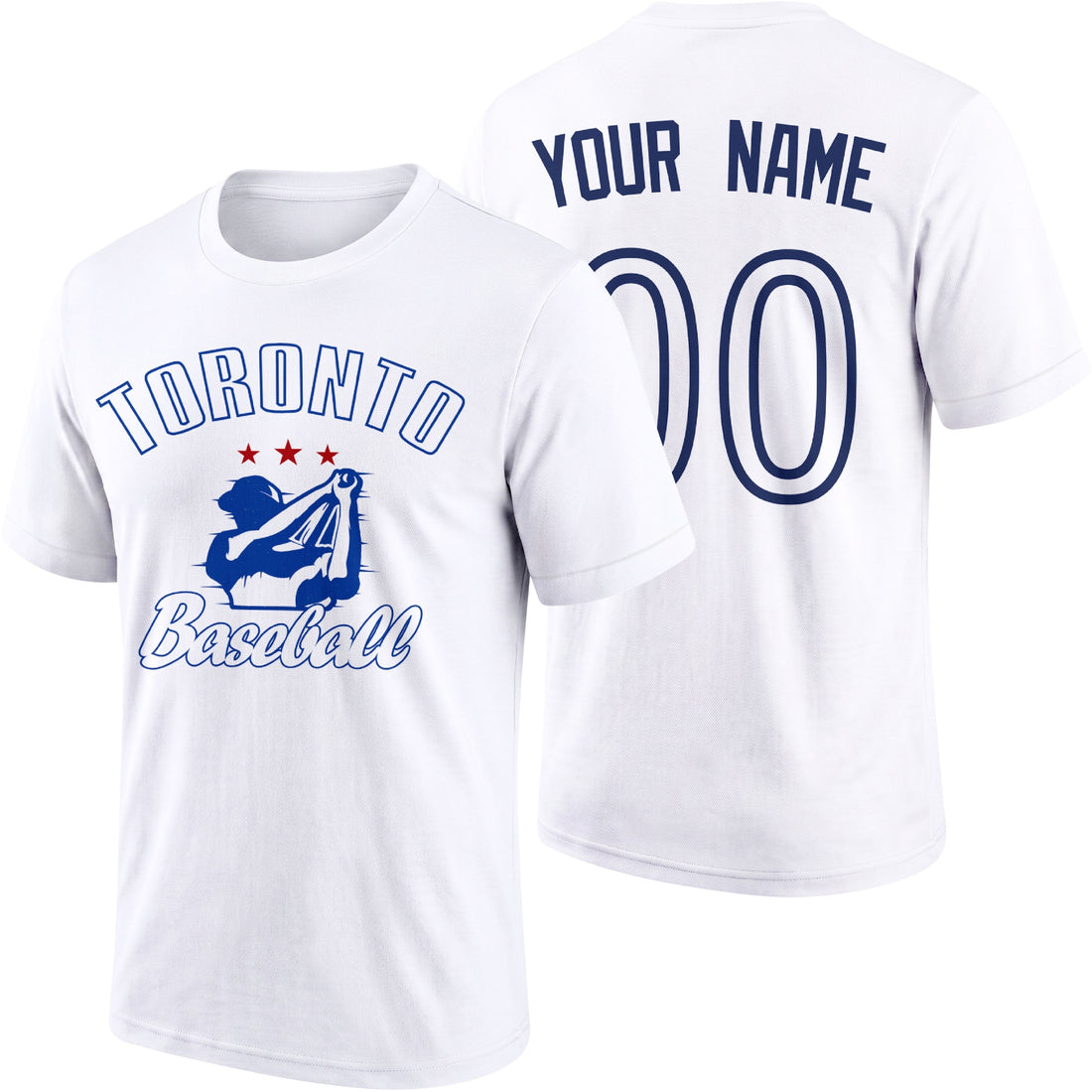 Toronto personalized adult baseball T shirt in Royal showing front and back with custom name and number