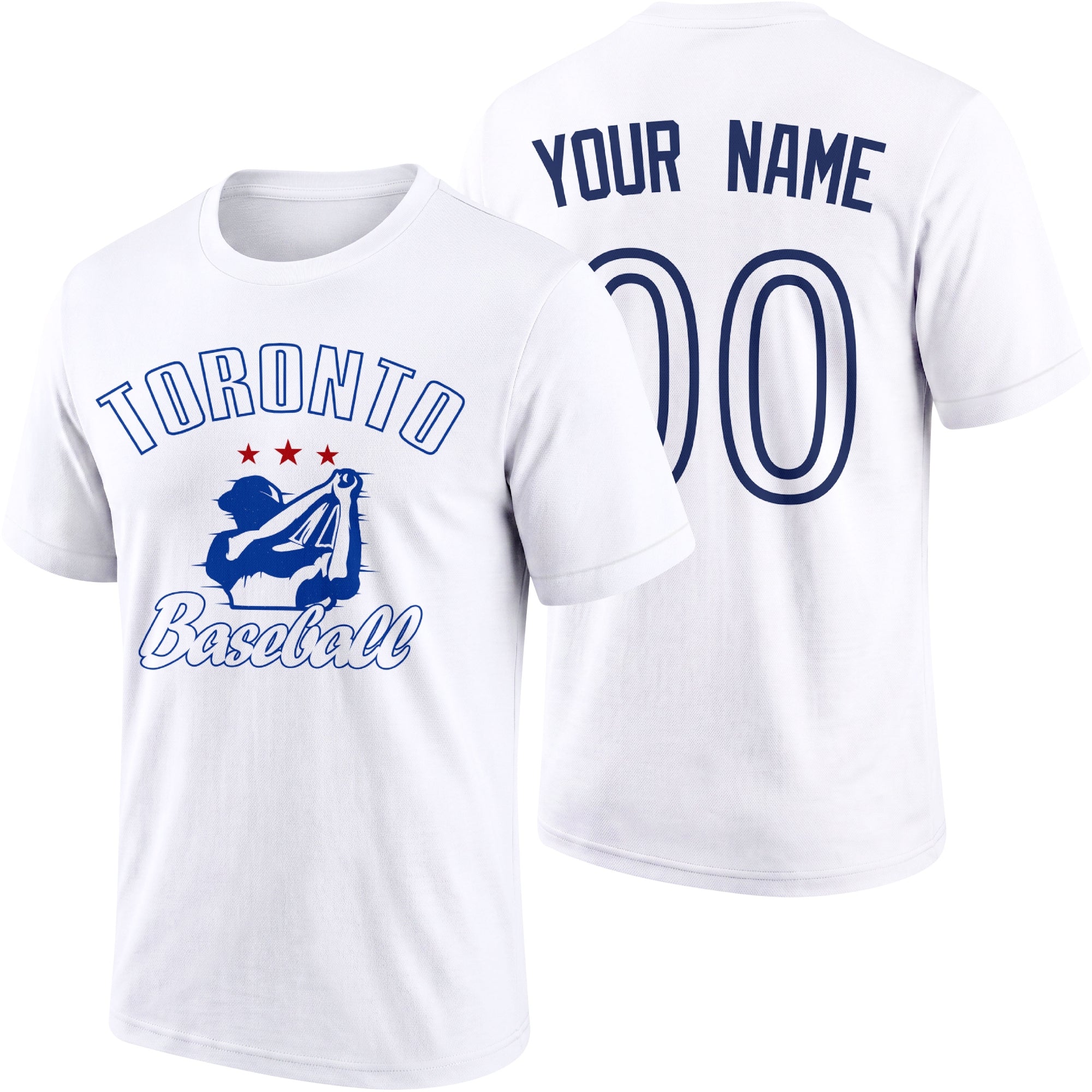 Toronto personalized adult baseball T shirt in White showing front and back with custom name and number