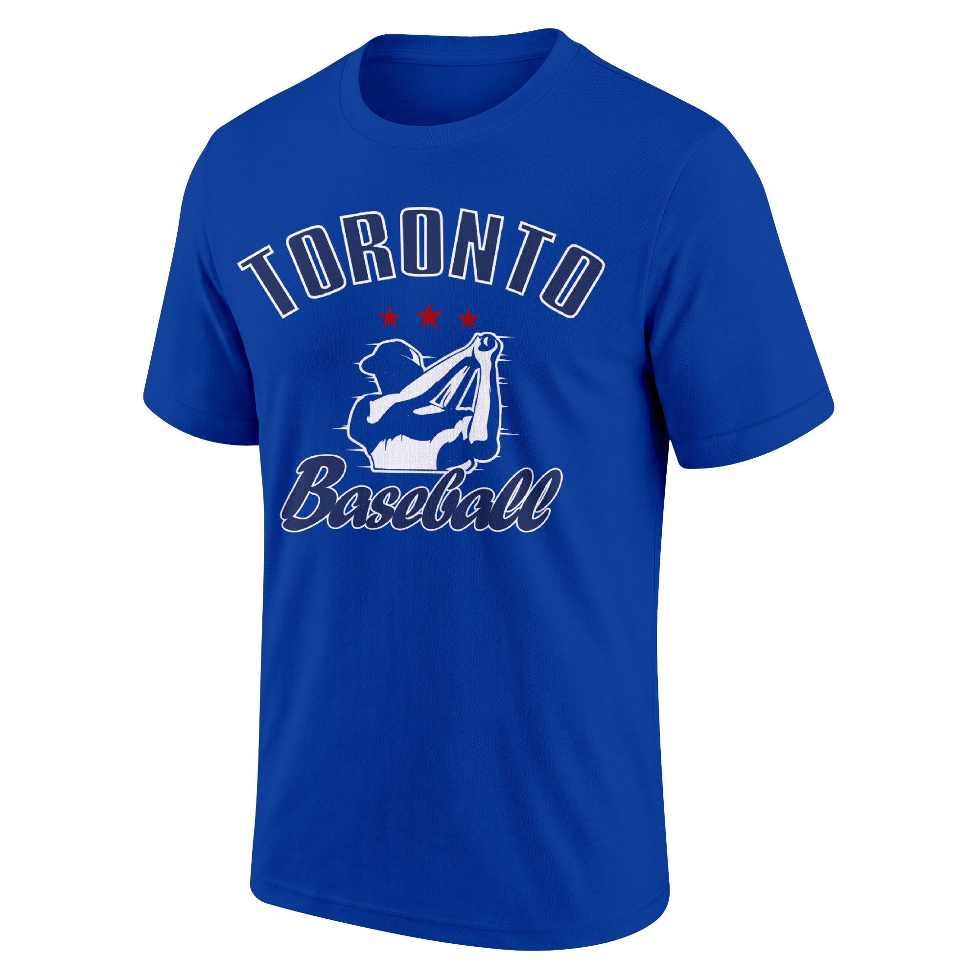 Toronto Royal adult baseball T shirt front view with city lettering baseball player graphic and Baseball script