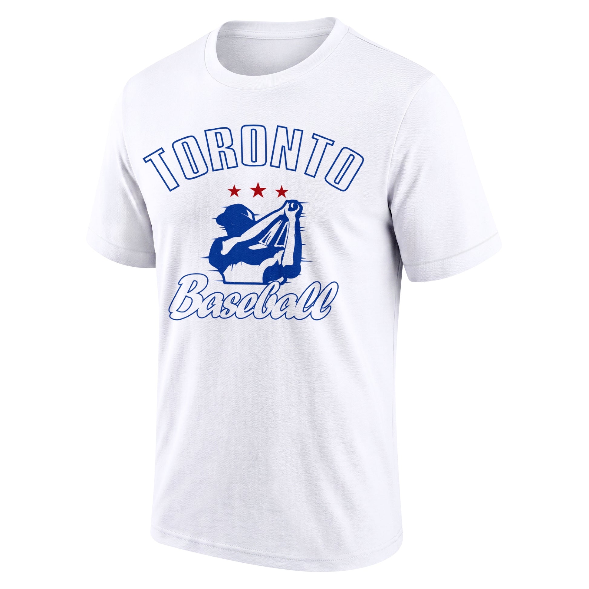 Toronto White adult baseball T shirt front view with city lettering baseball player graphic and Baseball script
