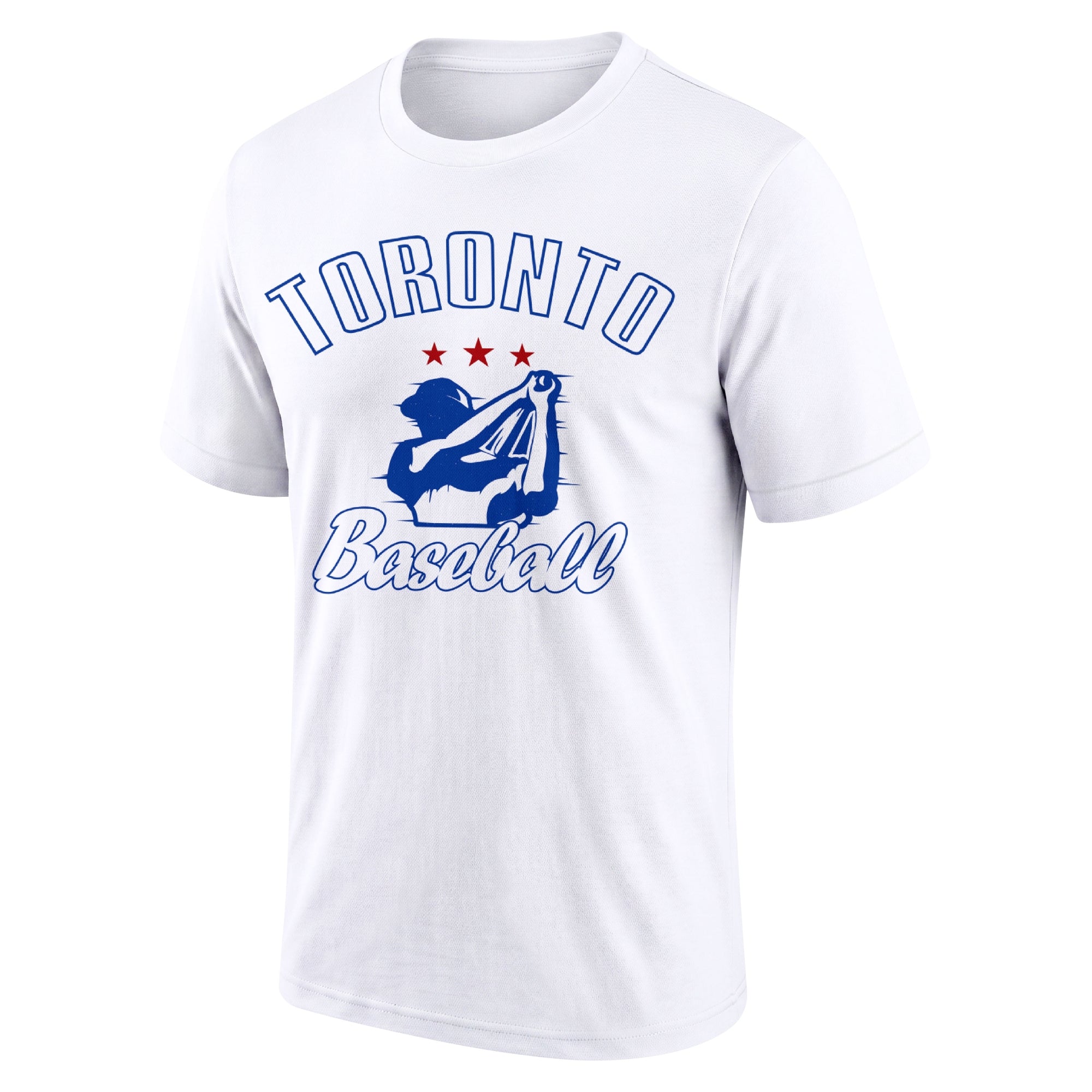 Toronto White adult baseball T shirt front view with city lettering baseball player graphic and Baseball script