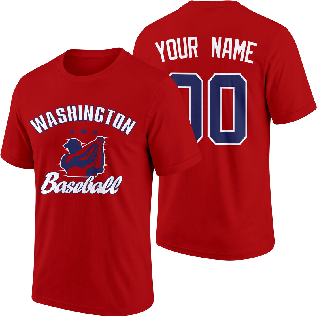 Washington personalized adult baseball T shirt in Red showing front and back with custom name and number