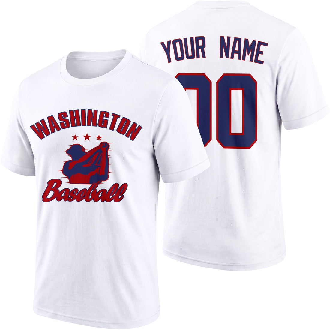 Washington personalized adult baseball T shirt in Red showing front and back with custom name and number