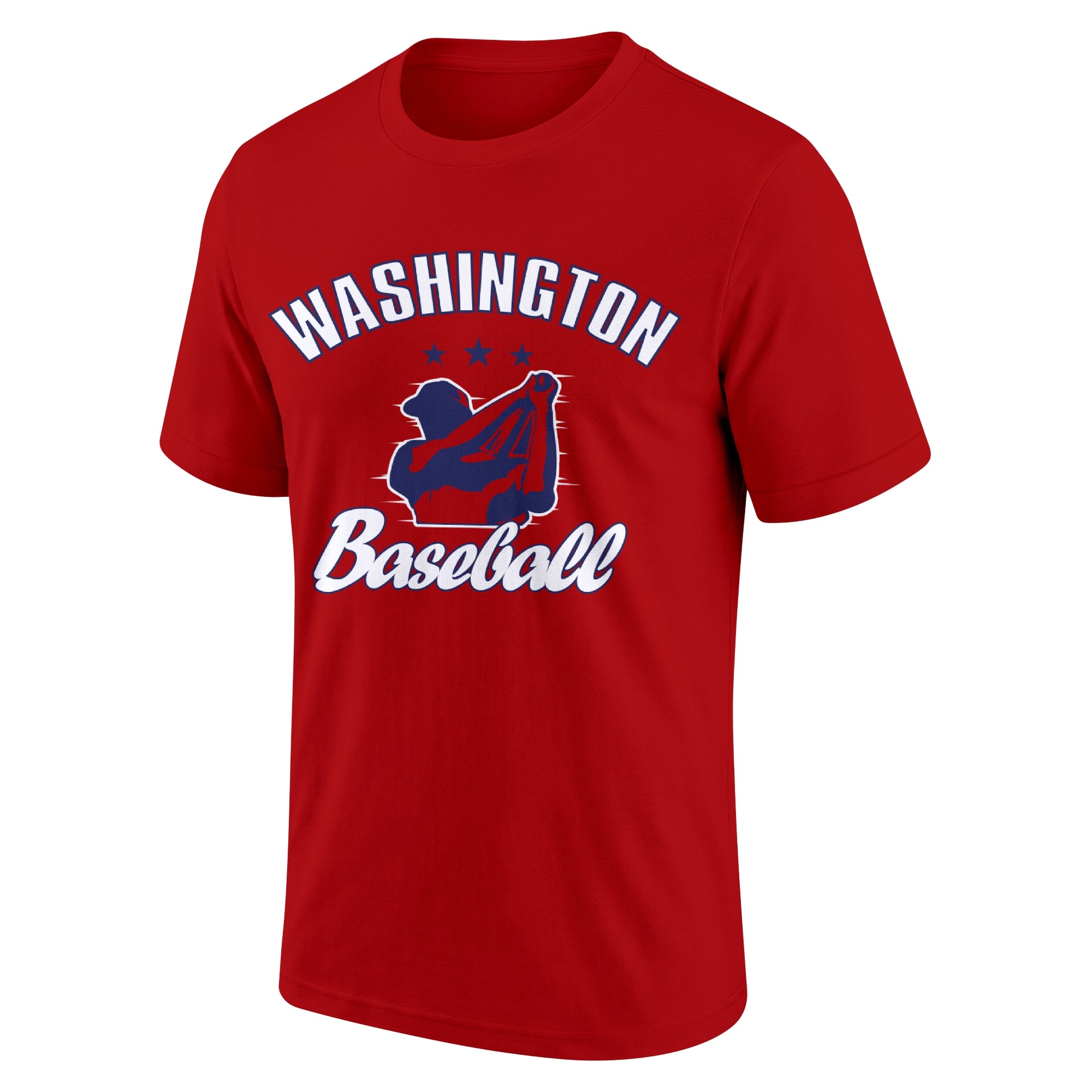 Washington Red adult baseball T shirt front view with city lettering baseball player graphic and Baseball script