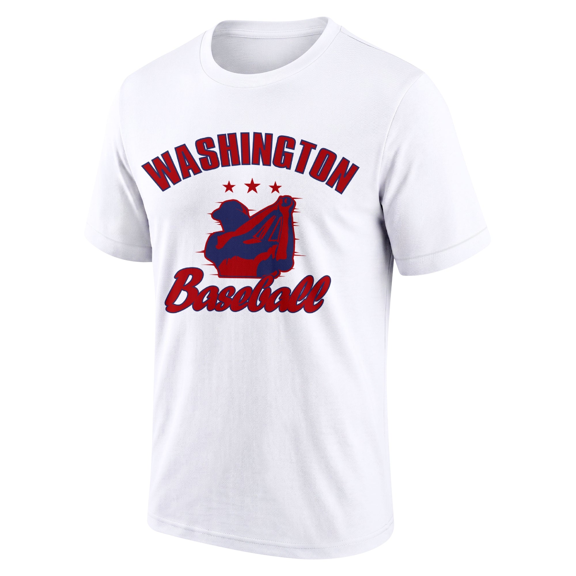 Washington White adult baseball T shirt front view with city lettering baseball player graphic and Baseball script