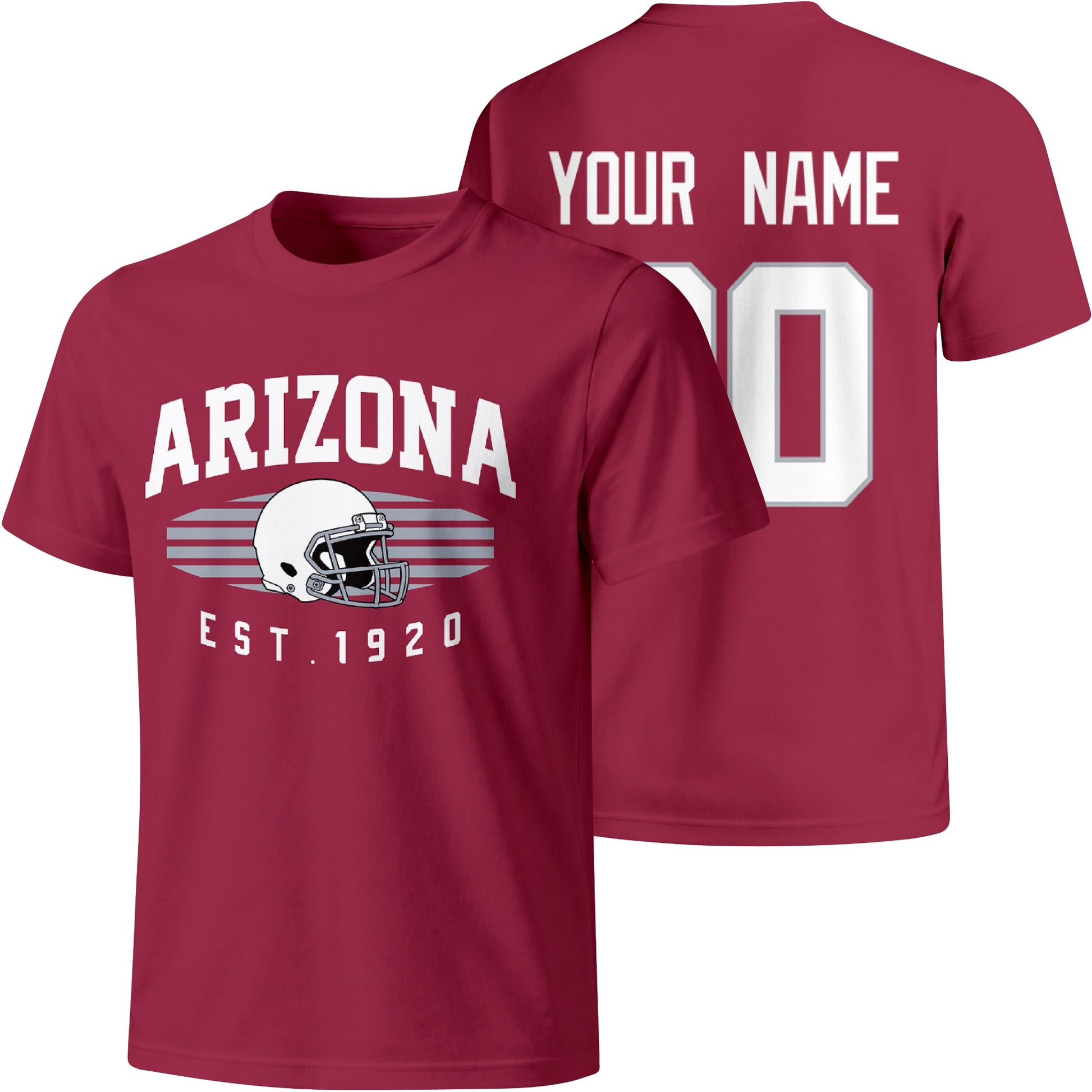 Arizona personalized football T shirt in Red showing front city design and back custom name and number