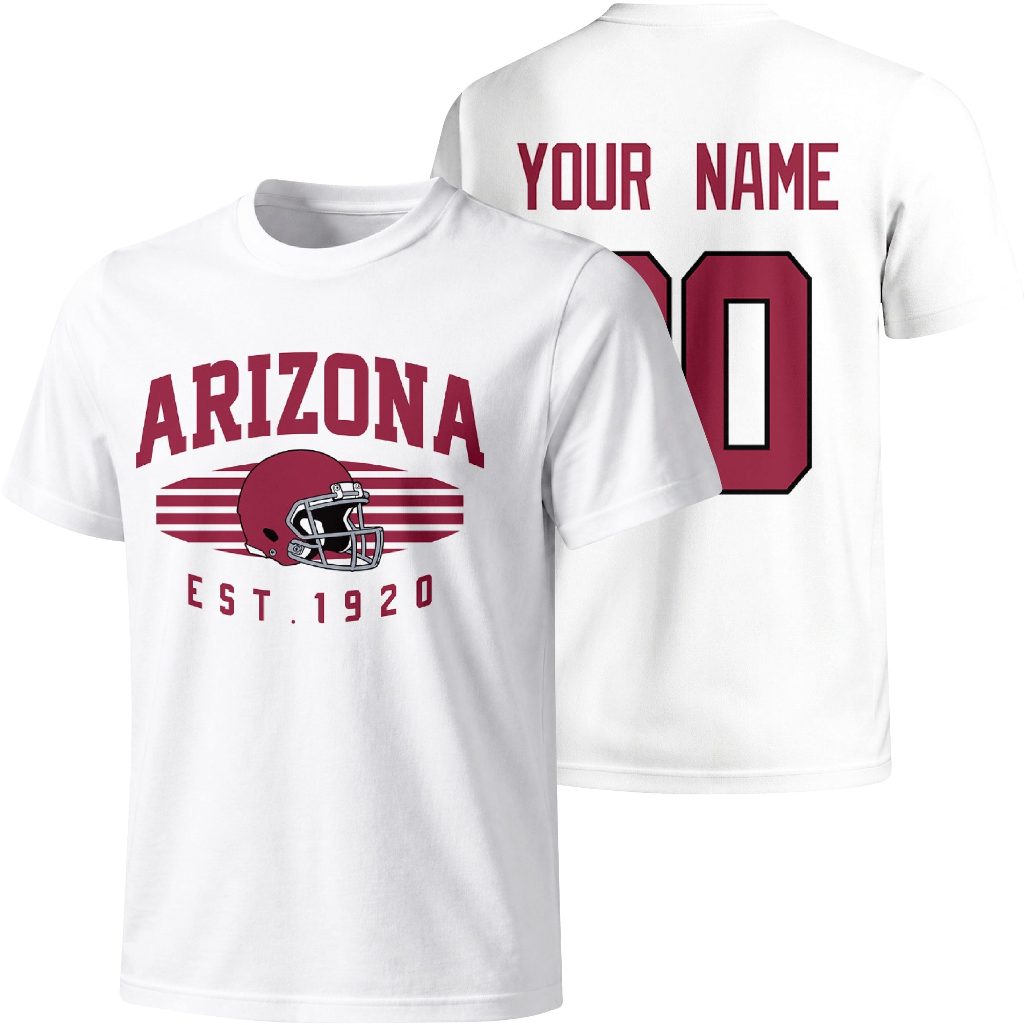 Arizona personalized football T shirt in White showing front city design and back custom name and number