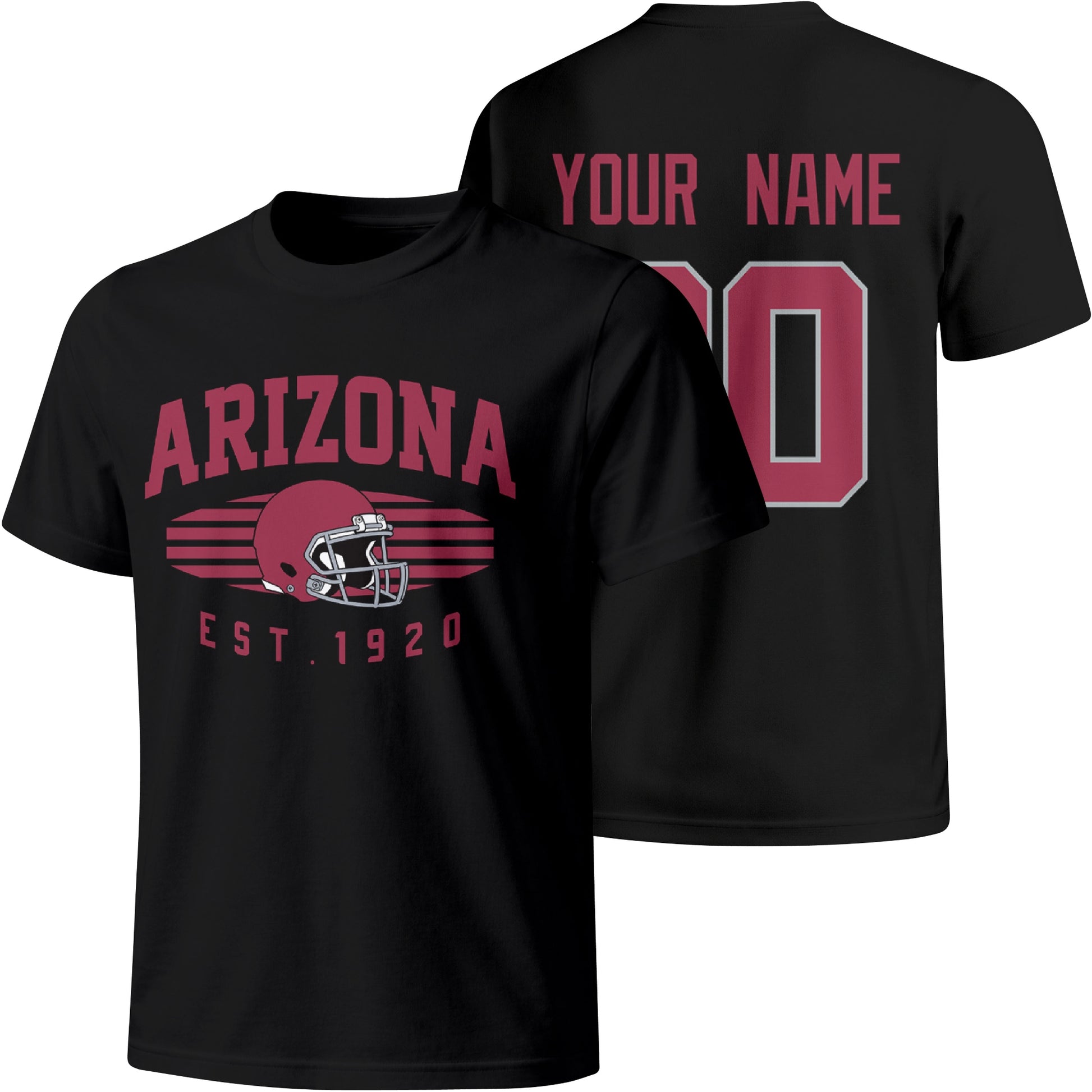 Arizona personalized football T shirt in Black showing front city design and back custom name and number