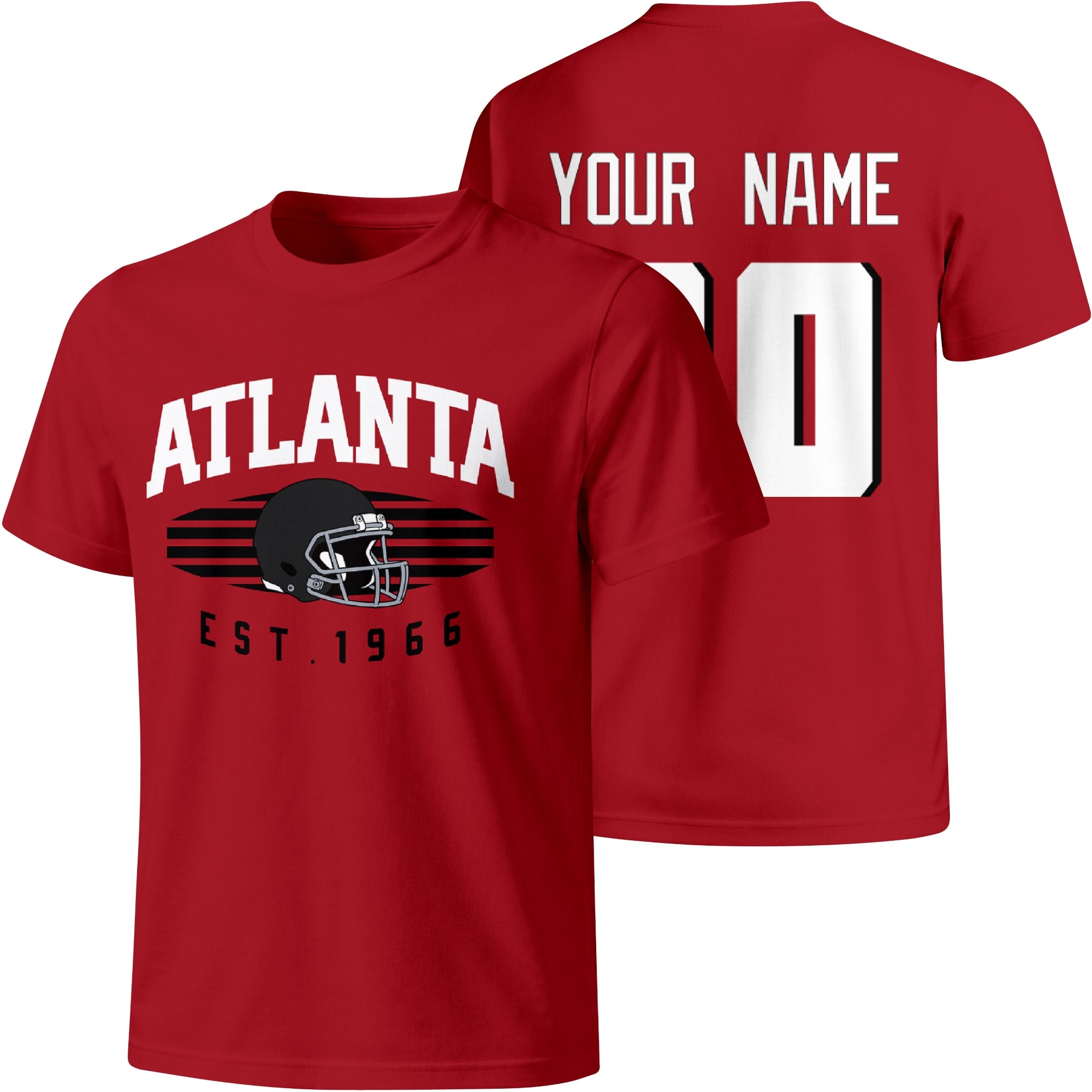 Atlanta personalized football T shirt in Red showing front city design and back custom name and number