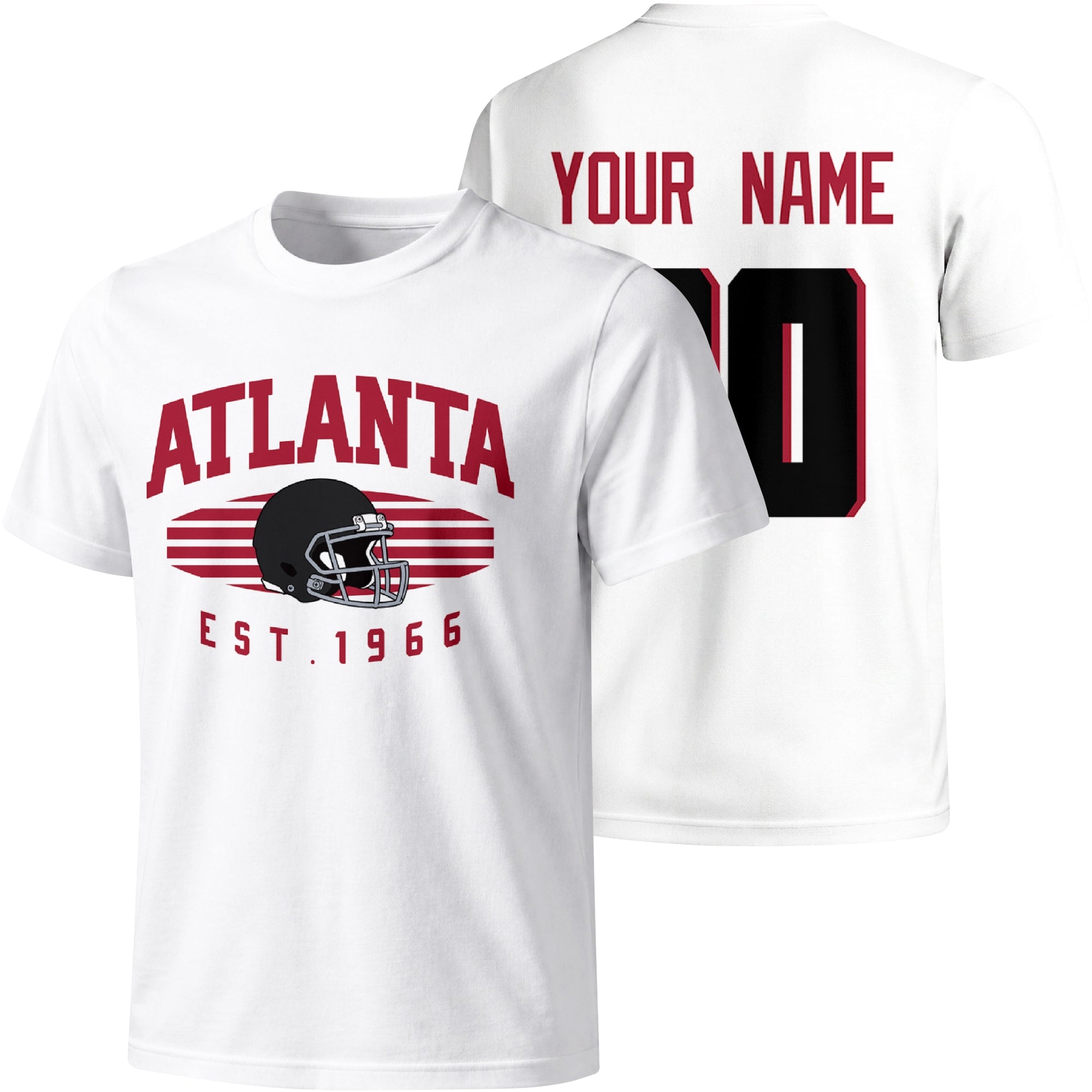 Atlanta personalized football T shirt in White showing front city design and back custom name and number