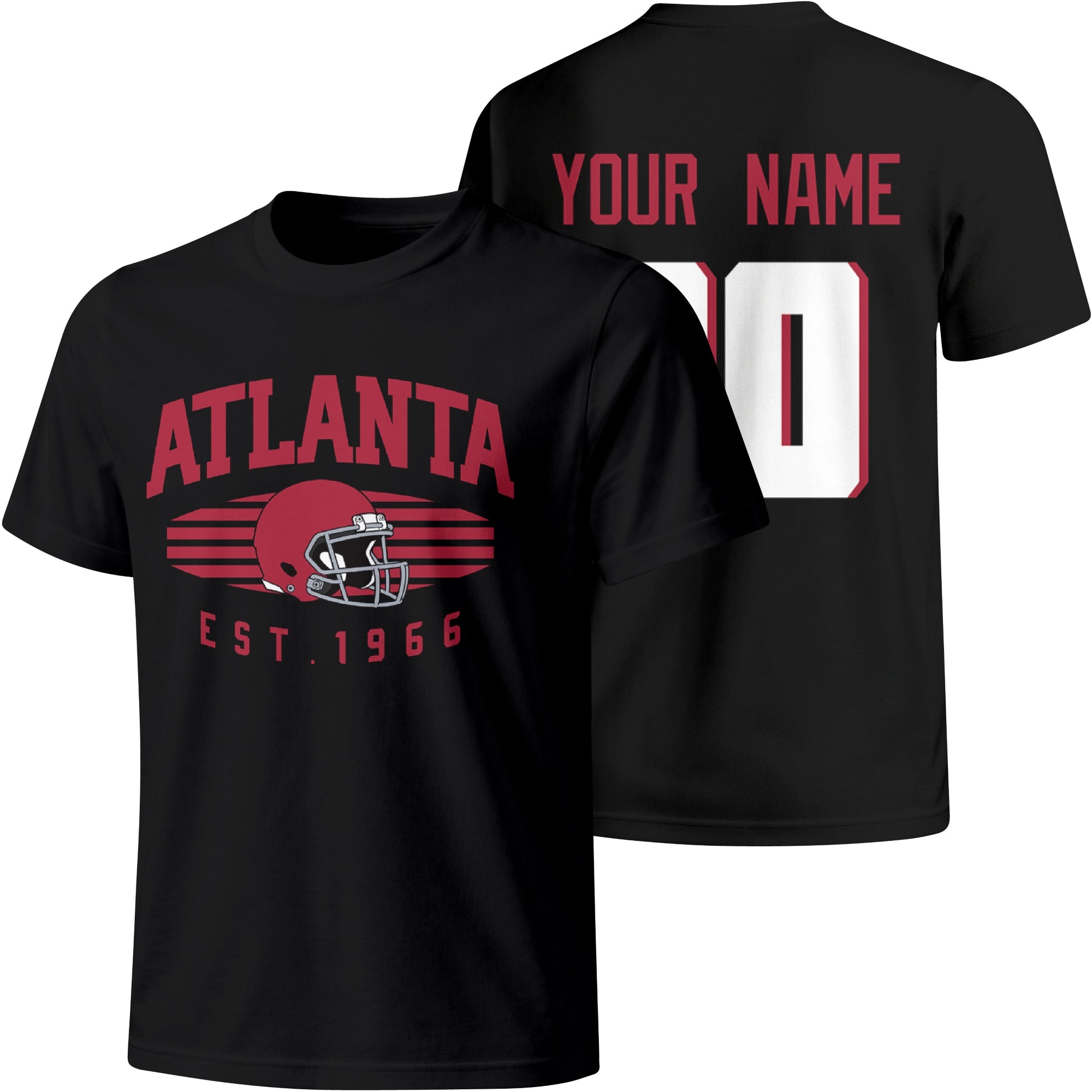 Atlanta personalized football T shirt in Black showing front city design and back custom name and number