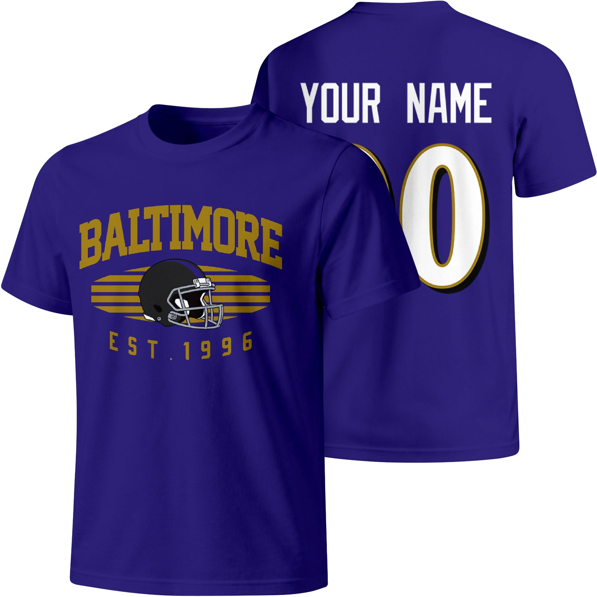 Baltimore personalized football T shirt in Purple showing front city design and back custom name and number