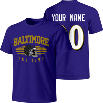 Baltimore personalized football T shirt in Purple showing front city design and back custom name and number