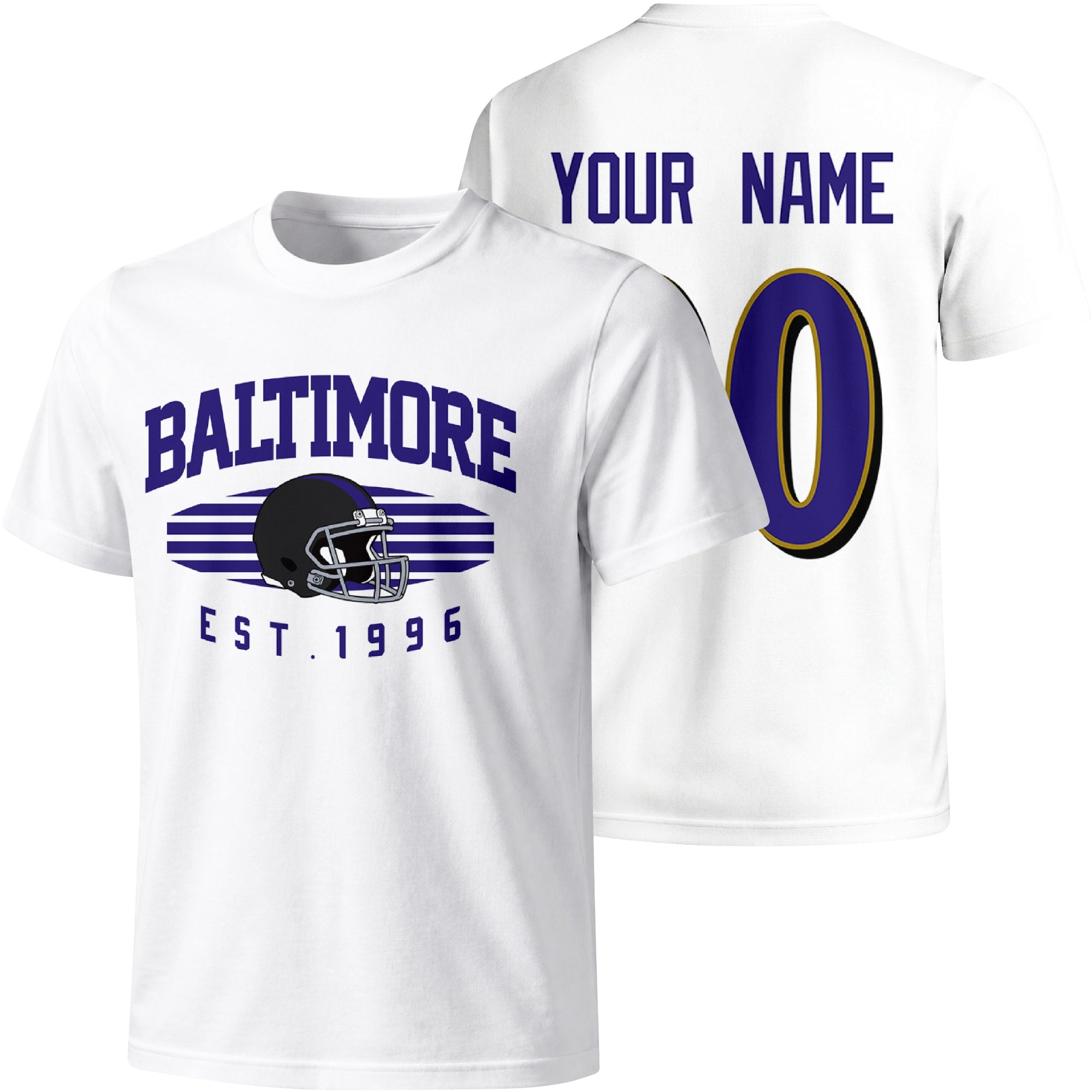 Baltimore personalized football T shirt in White showing front city design and back custom name and number